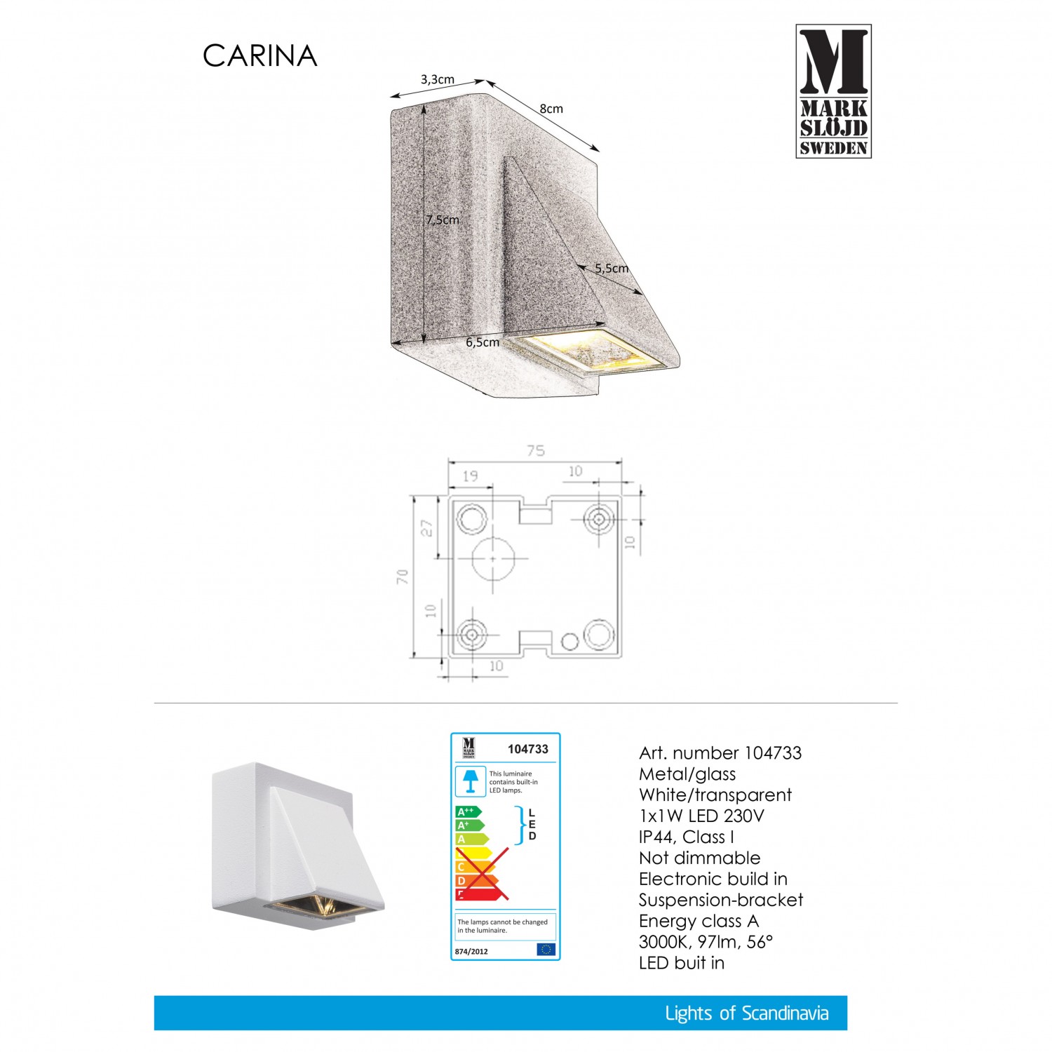 Архитектурное освещение MarkSlojd Sweden CARINA Wall Lamp 1L White 104733