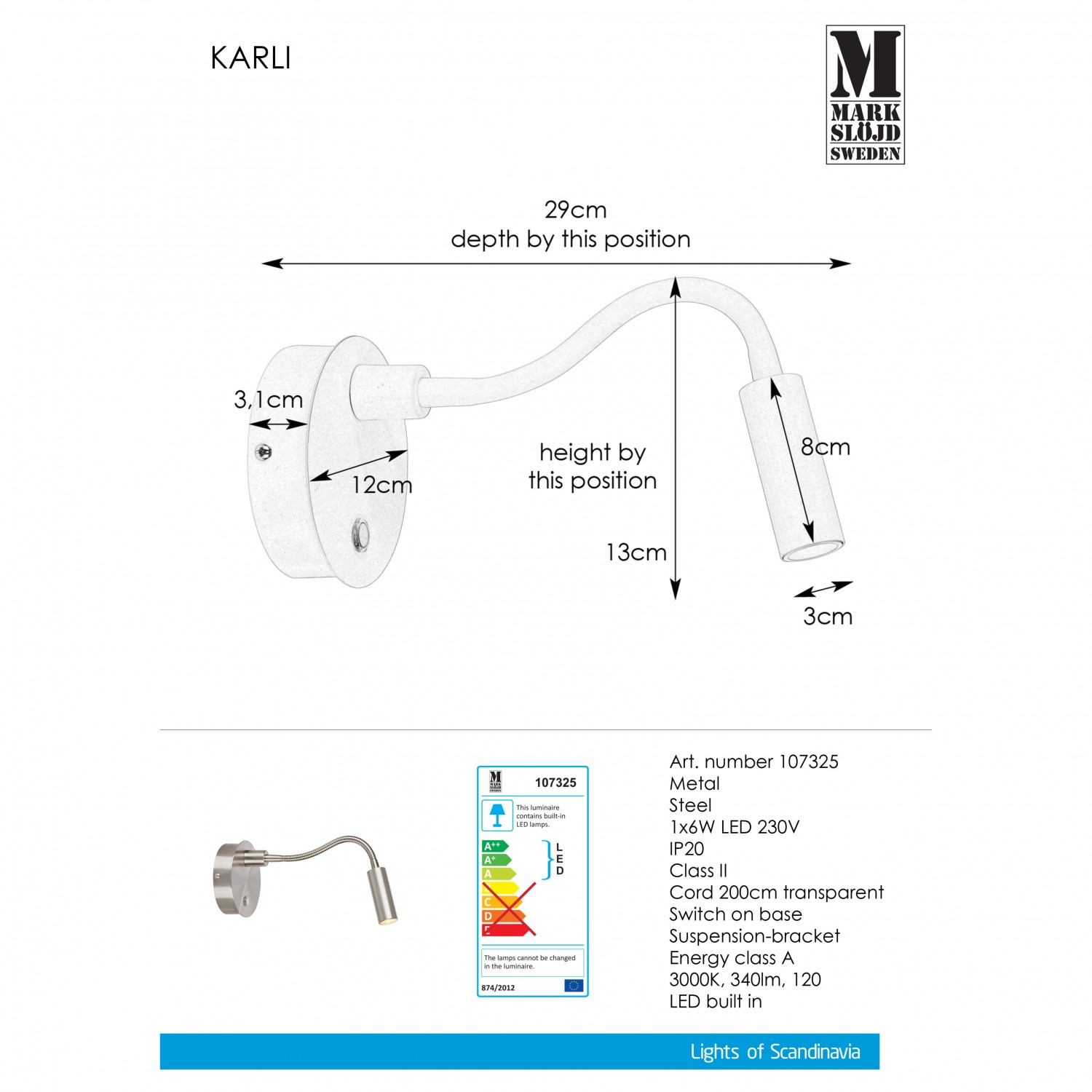 Бра-спот MarkSlojd Sweden KARLI Wall 1L Steel 107325