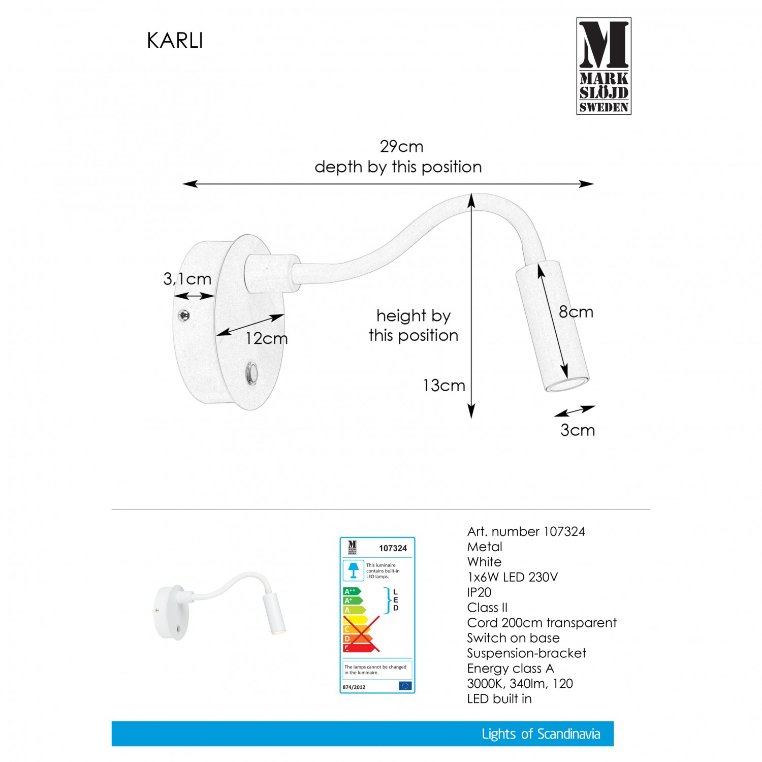 Бра-спот MarkSlojd Sweden KARLI Wall 1L White 107324