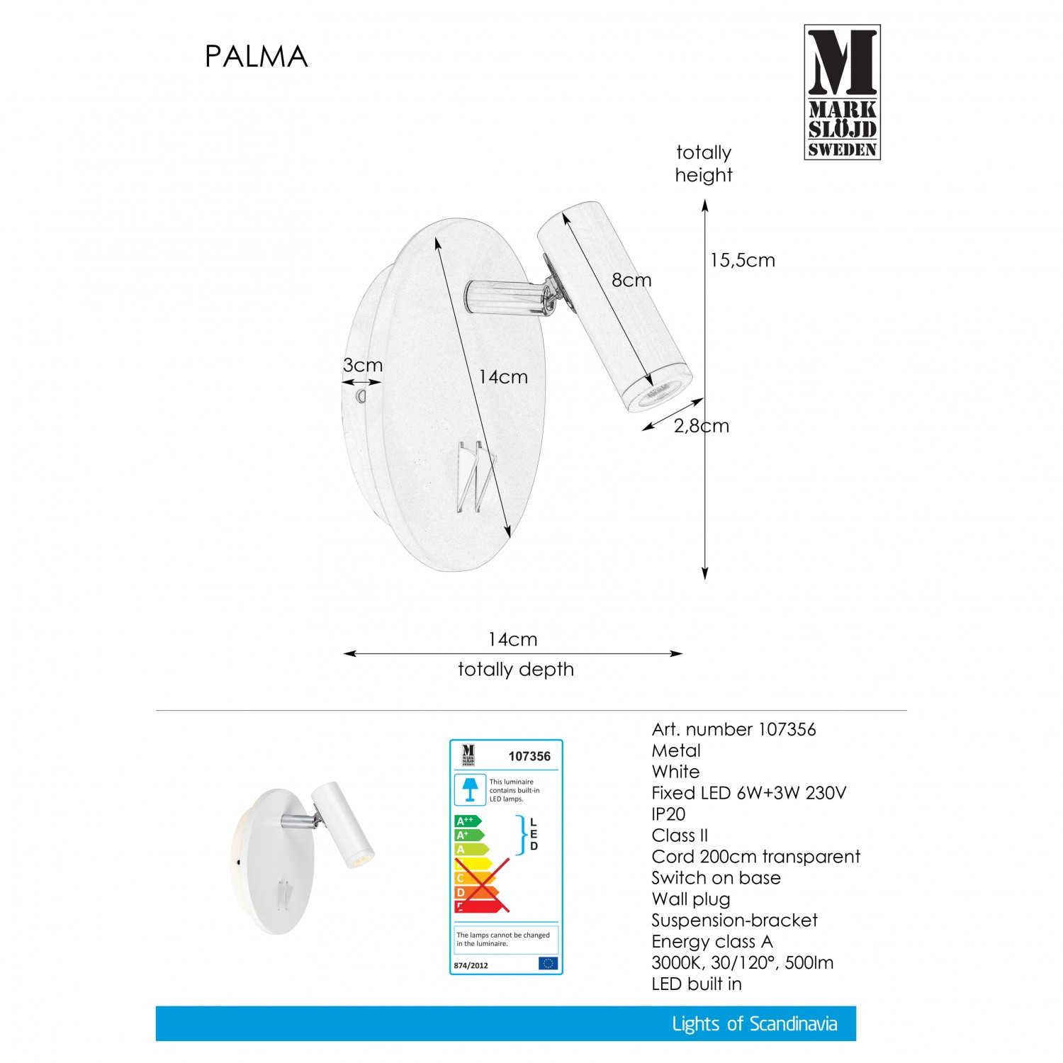 Бра-спот MarkSlojd Sweden PALMA Wall 2L White 107356