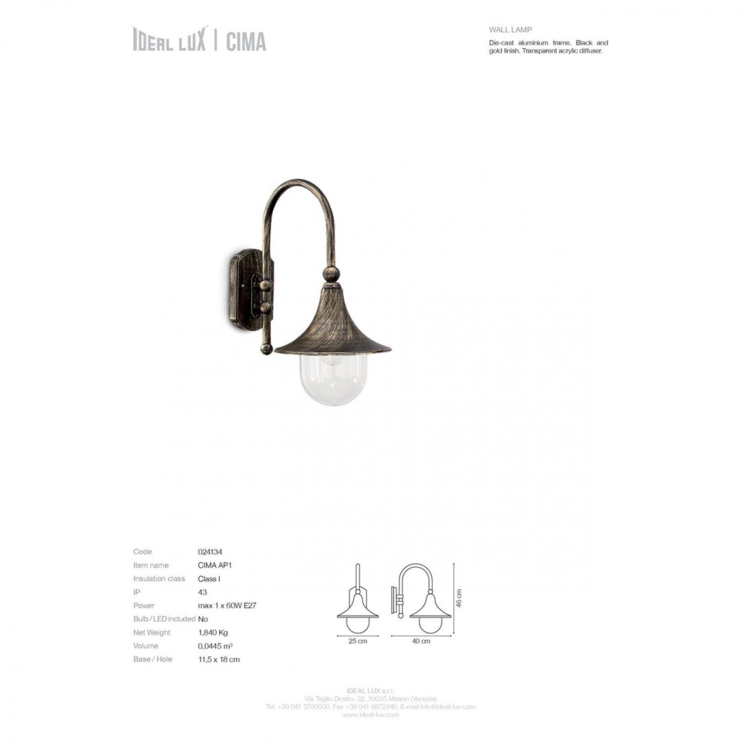 Бра Ideal Lux CIMA AP1 NERO ANTICO 024134