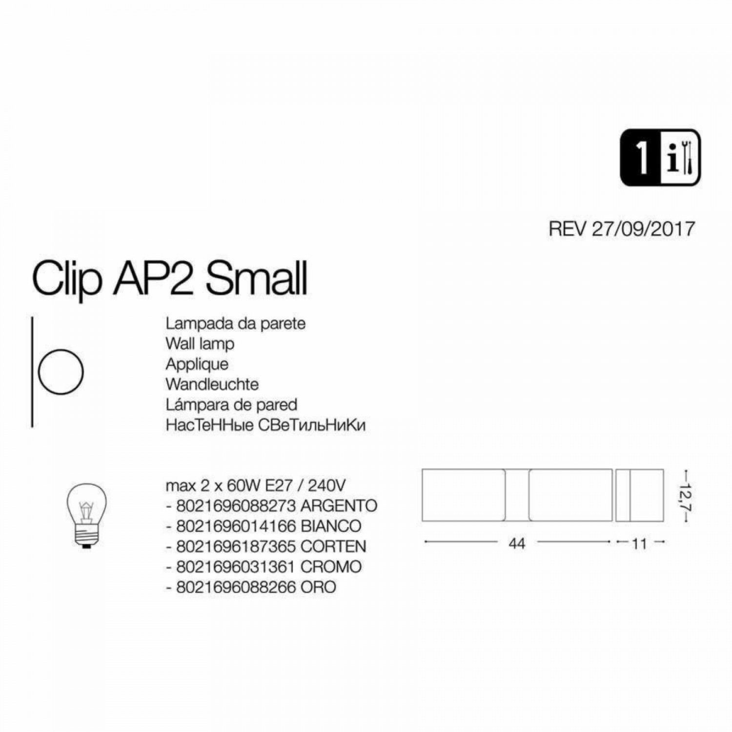 Бра Ideal Lux CLIP AP2 SMALL ARGENTO 088273