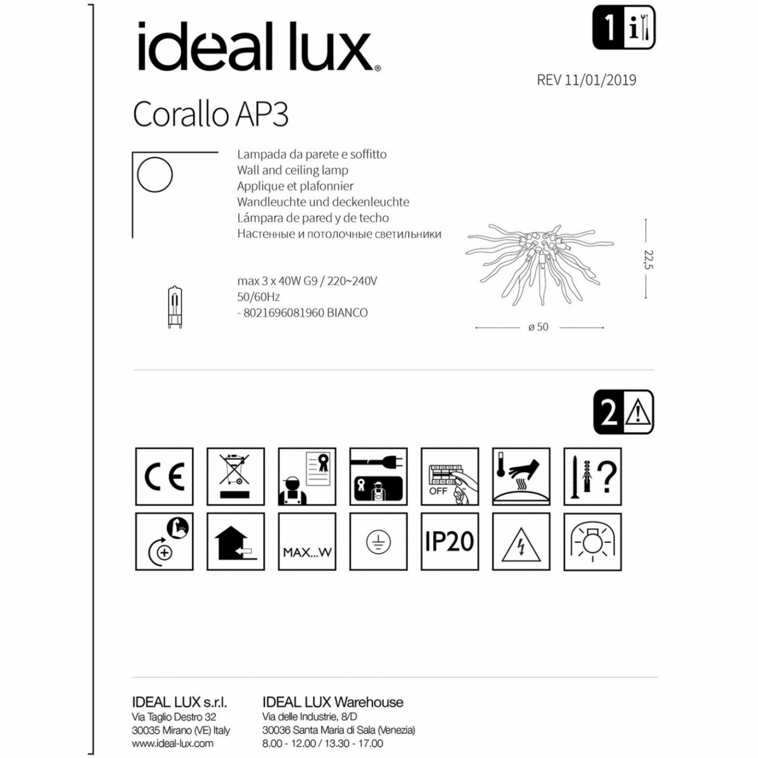Бра Ideal Lux CORALLO AP3 081960
