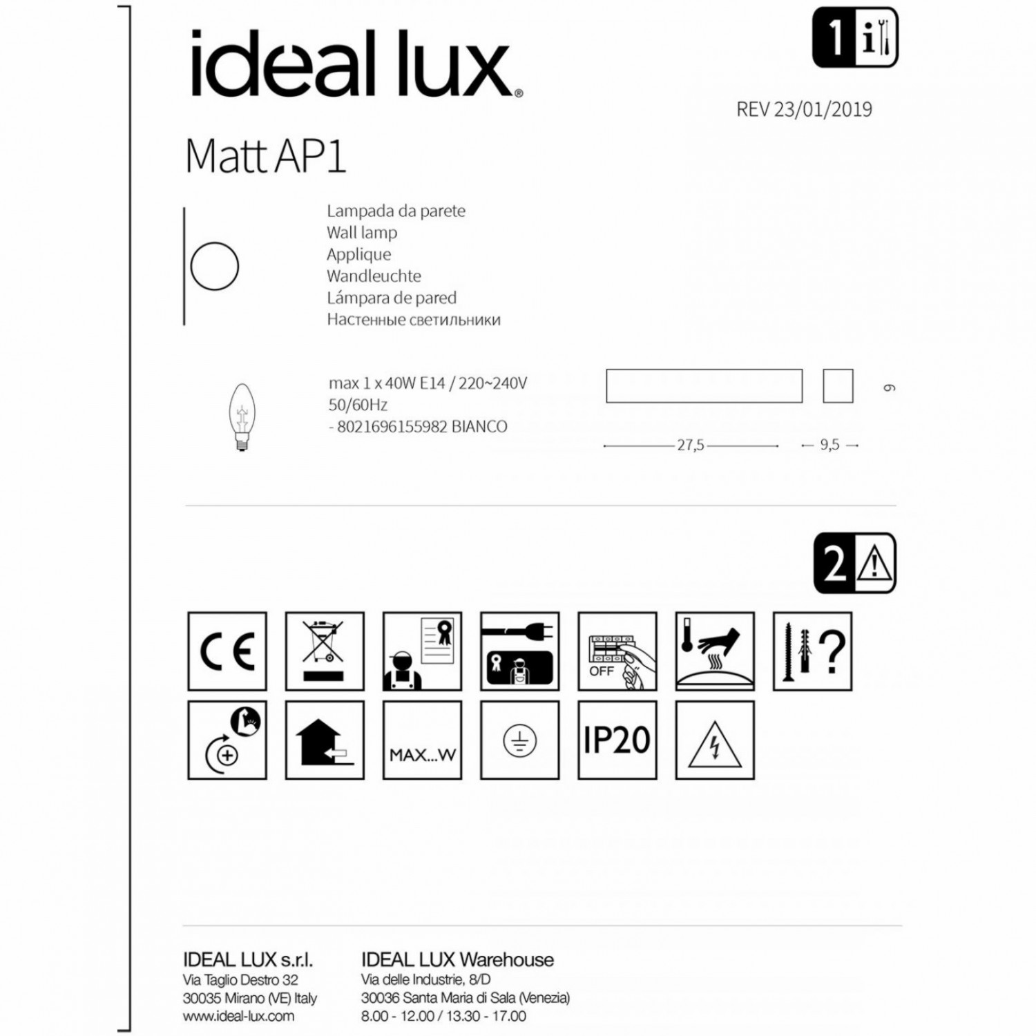 Бра Ideal Lux MATT AP1 155982