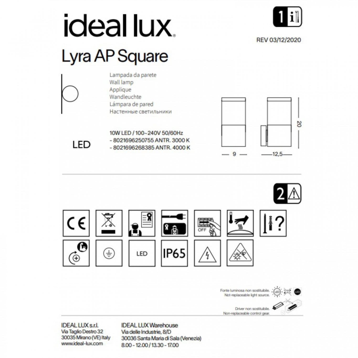 Бра Ideal Lux Lyra ap square 4000k 268385