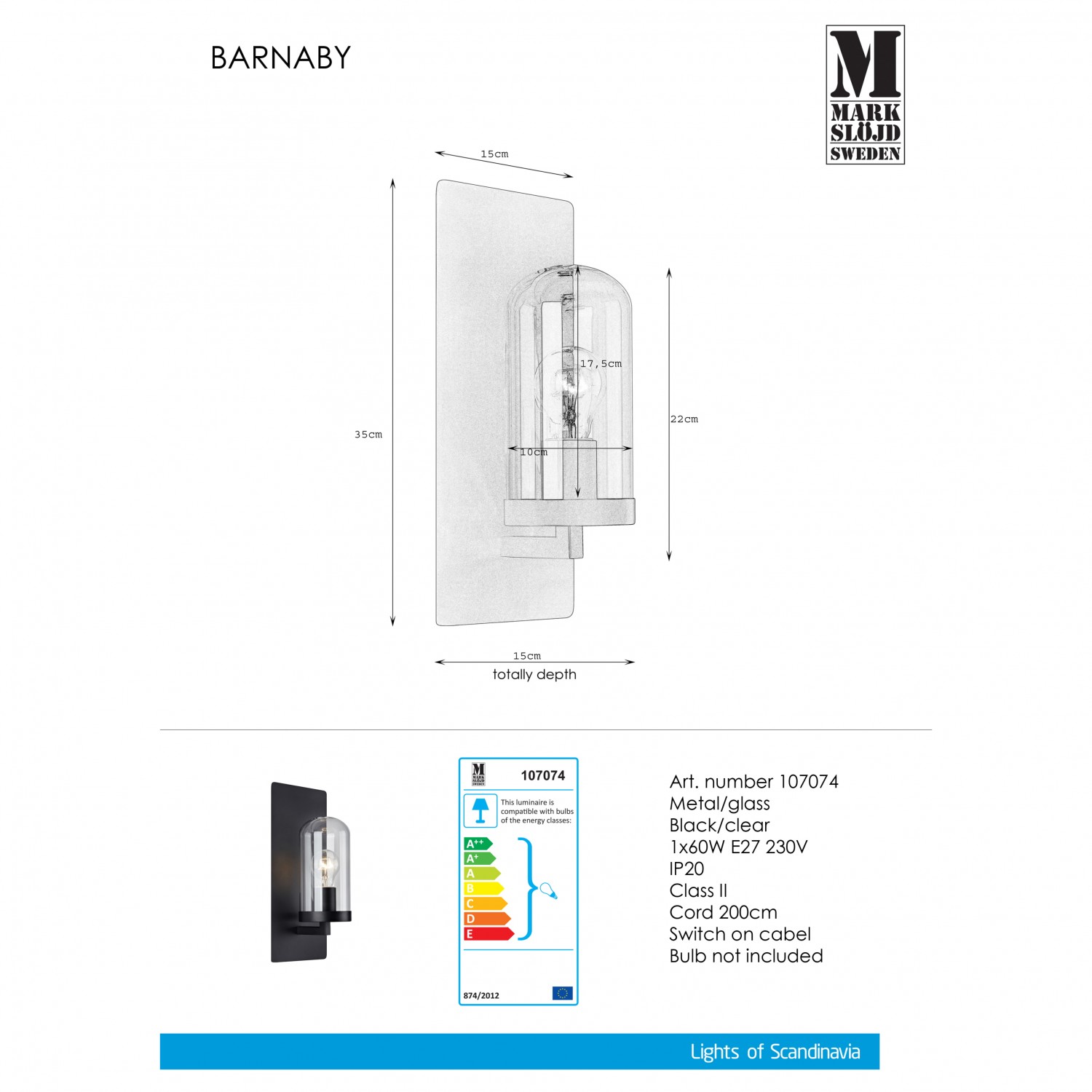 Бра MarkSlojd Sweden BARNABY Wall 1L Black/Clear 107074