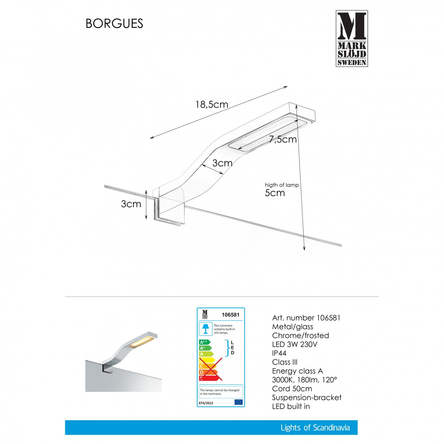 Бра MarkSlojd Sweden BOURGES Wall Chrome IP44 106581