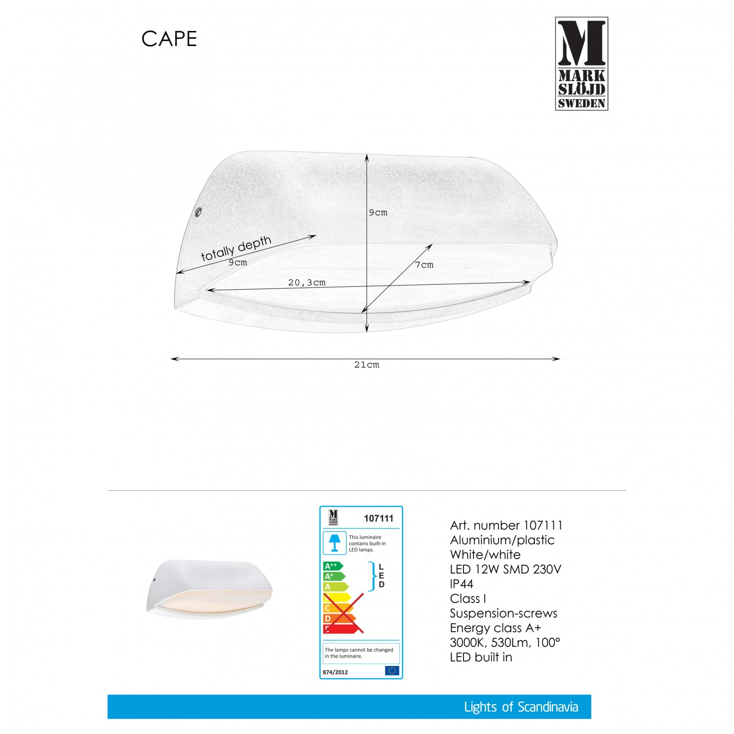 Бра MarkSlojd Sweden CAPE Wall White 107111