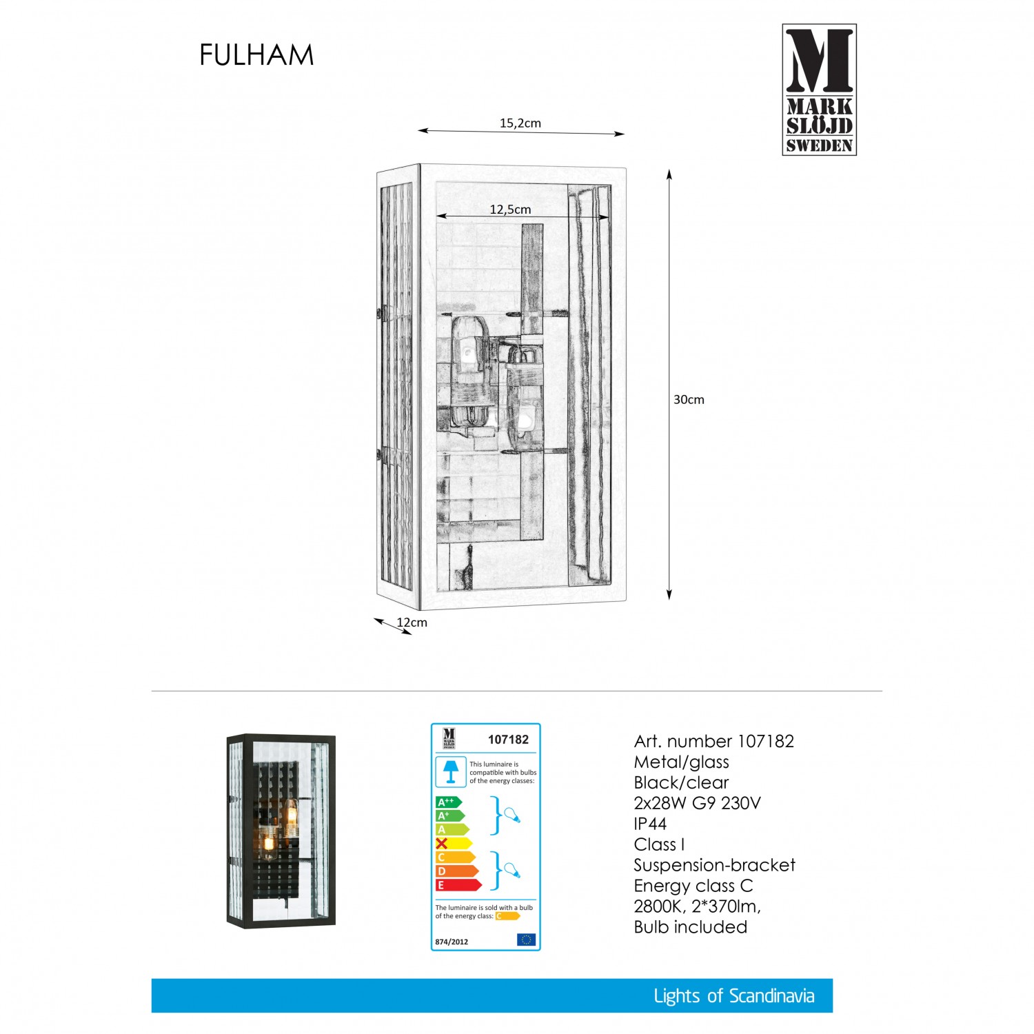 Бра MarkSlojd Sweden FULHAM Wall 2L Black/Clear IP44 107182