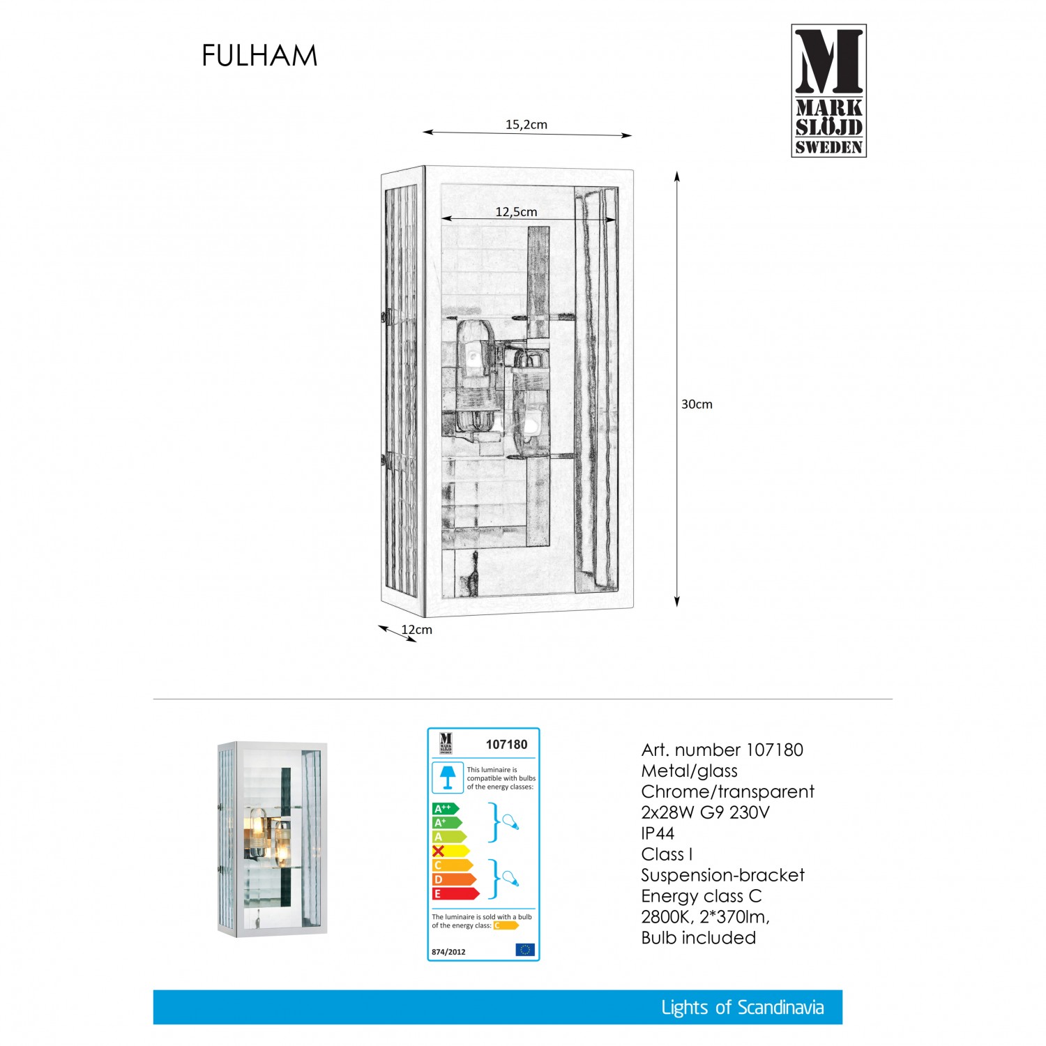 Бра MarkSlojd Sweden FULHAM Wall 2L Chrome/Clear IP44 107180