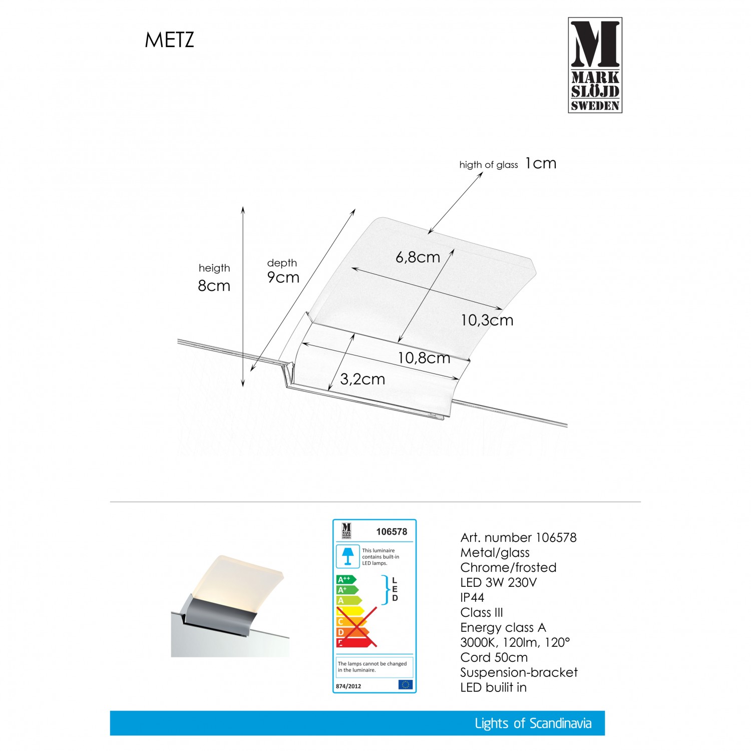 Бра MarkSlojd Sweden METZ Wall Chrome IP44 106578