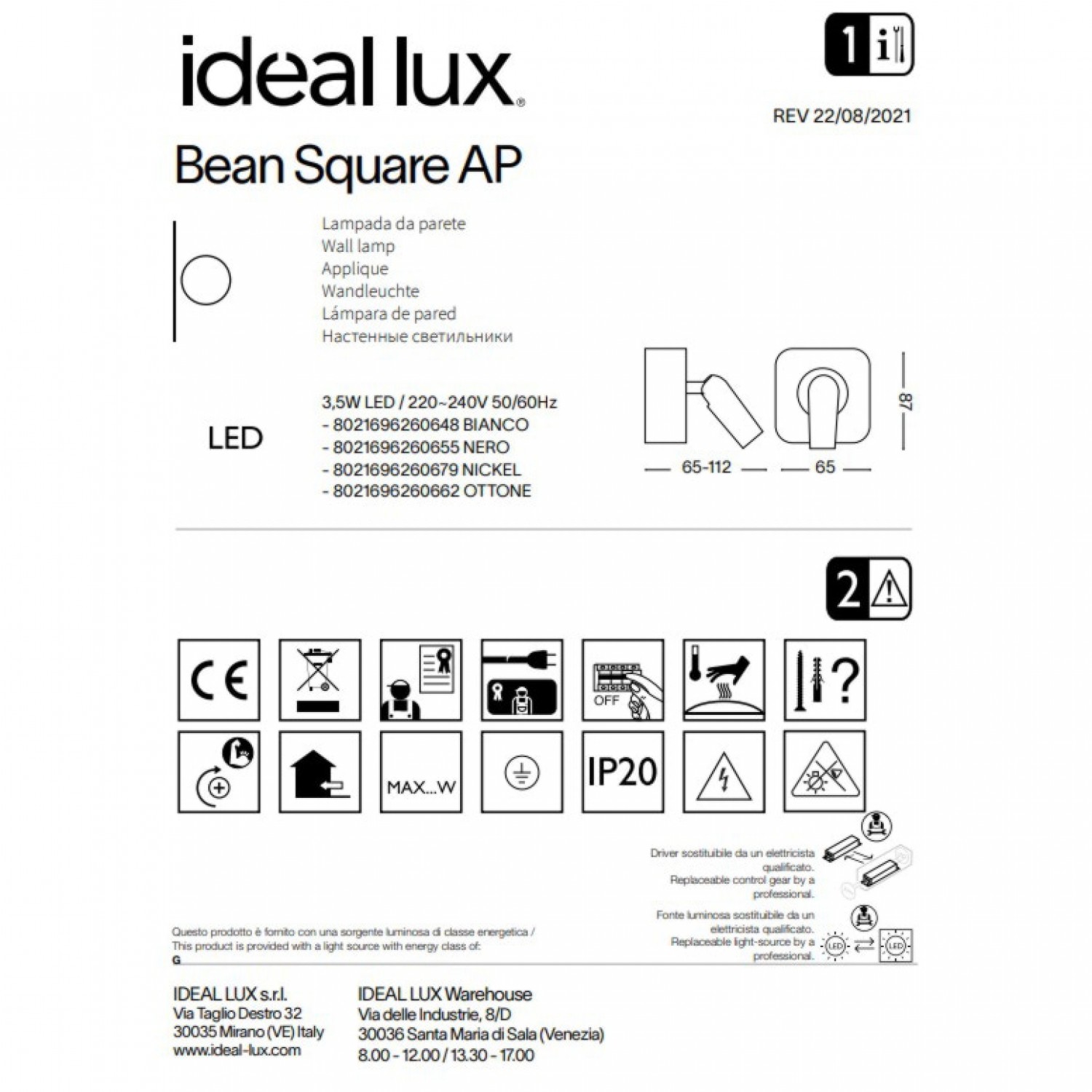 Бра спот Ideal Lux Bean square ap 260655