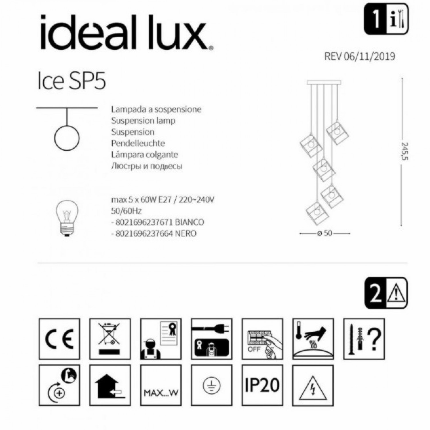 Люстра Ideal Lux ICE SP5 NERO 237664