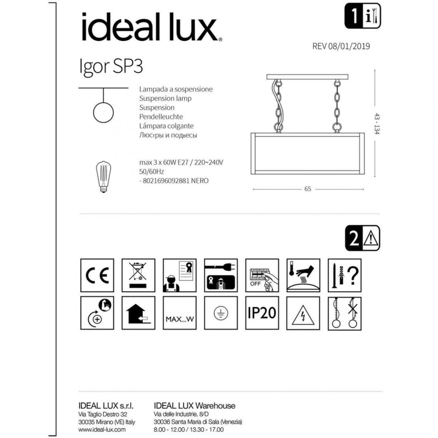 Люстра Ideal Lux IGOR SP3 NERO 092881
