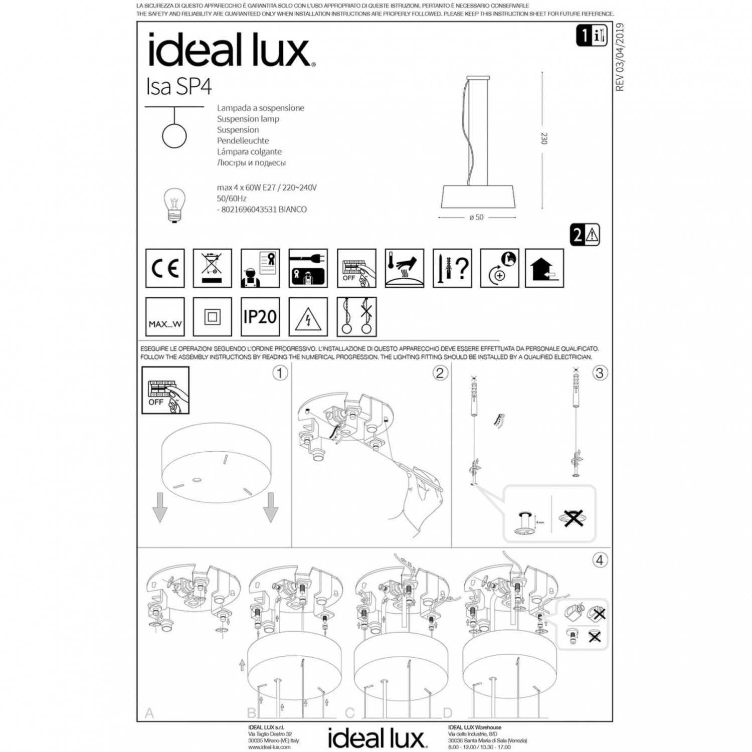 Люстра Ideal Lux ISA SP4 043531