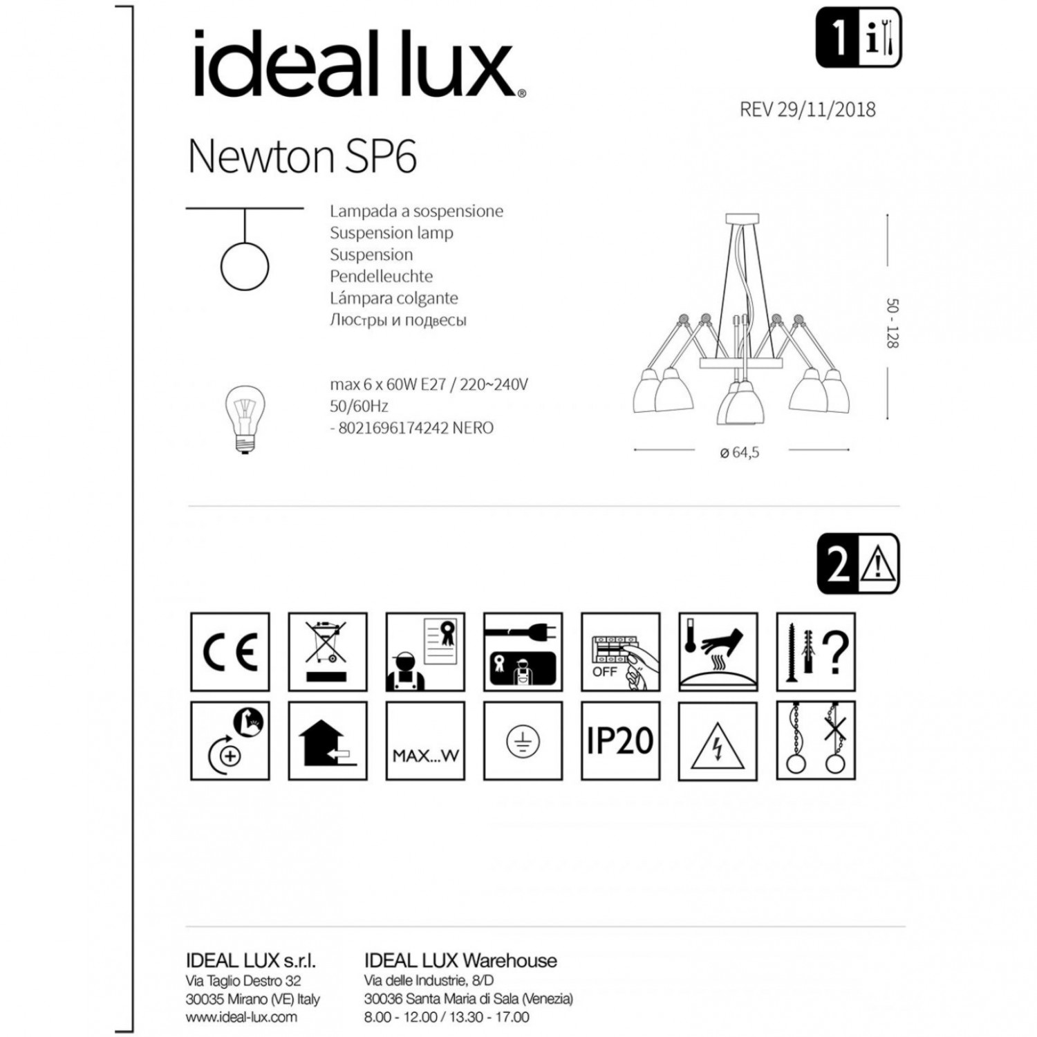 Люстра Ideal Lux NEWTON SP6 NERO 174242