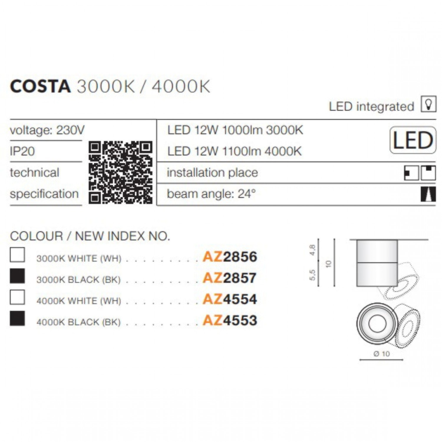 Точковий світильник AZzardo COSTA 4000K BK AZ4553