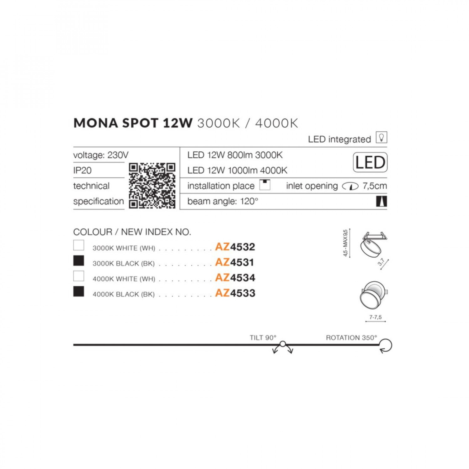 Точечный светильник AZzardo MONA SPOT 12W 3000K BK AZ4531