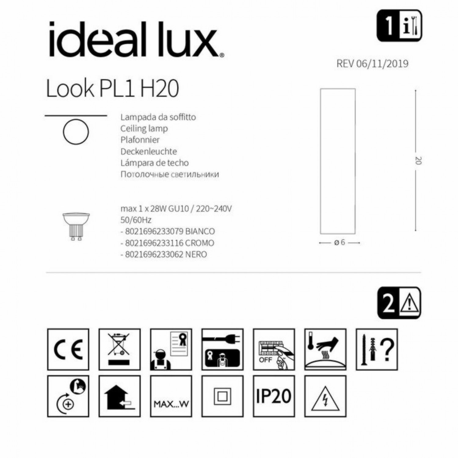 Точечный светильник Ideal Lux LOOK PL1 H20 NERO 233062
