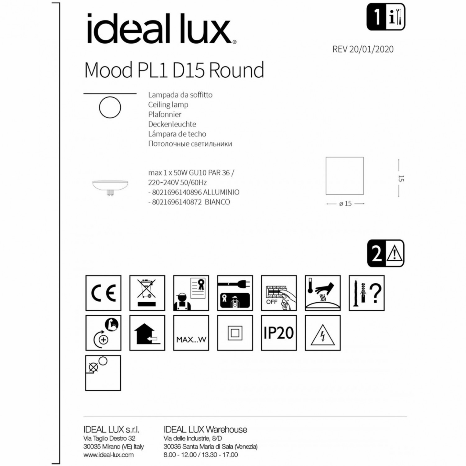Точечный светильник Ideal Lux MOOD PL1 D15 ROUND BIANCO 140872