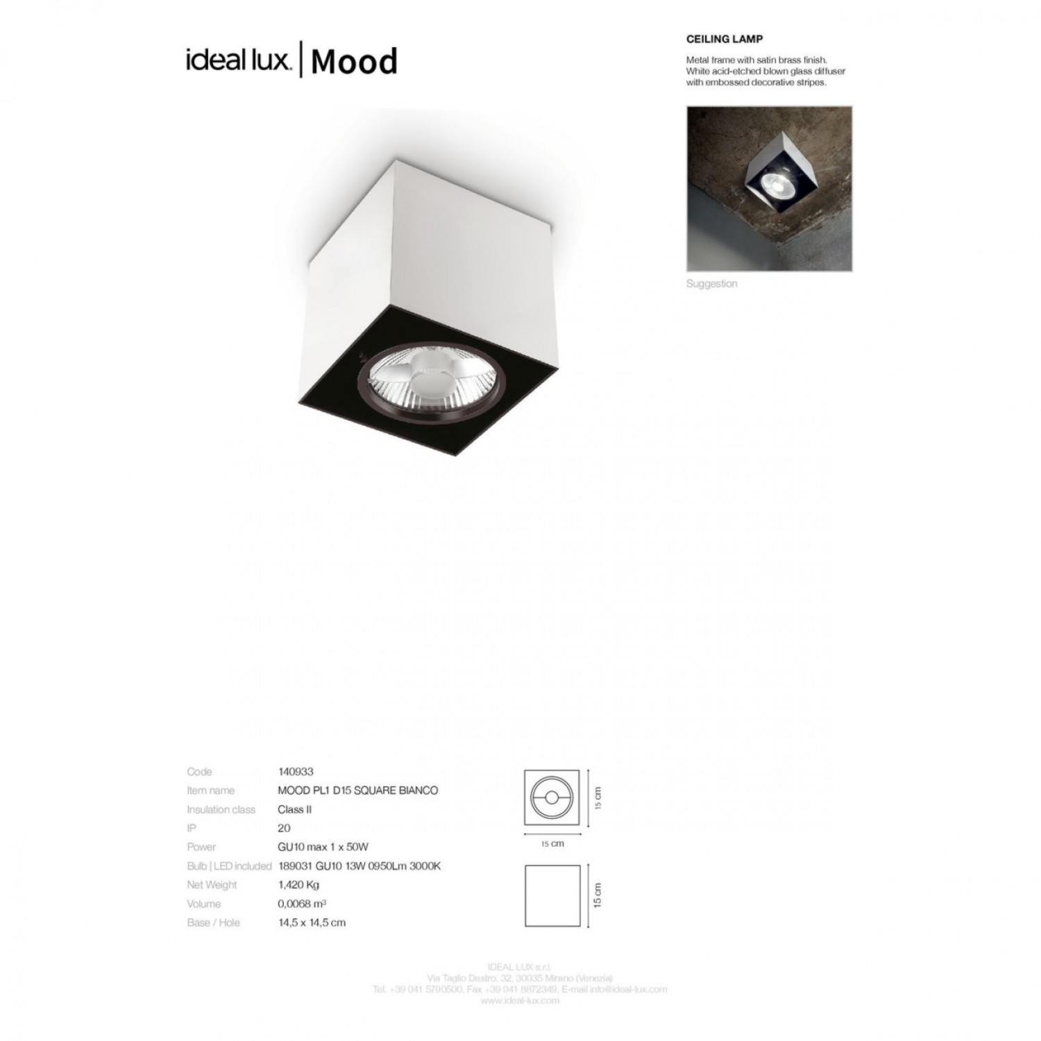 Точковий світильник Ideal Lux MOOD PL1 D15 SQUARE BIANCO 140933