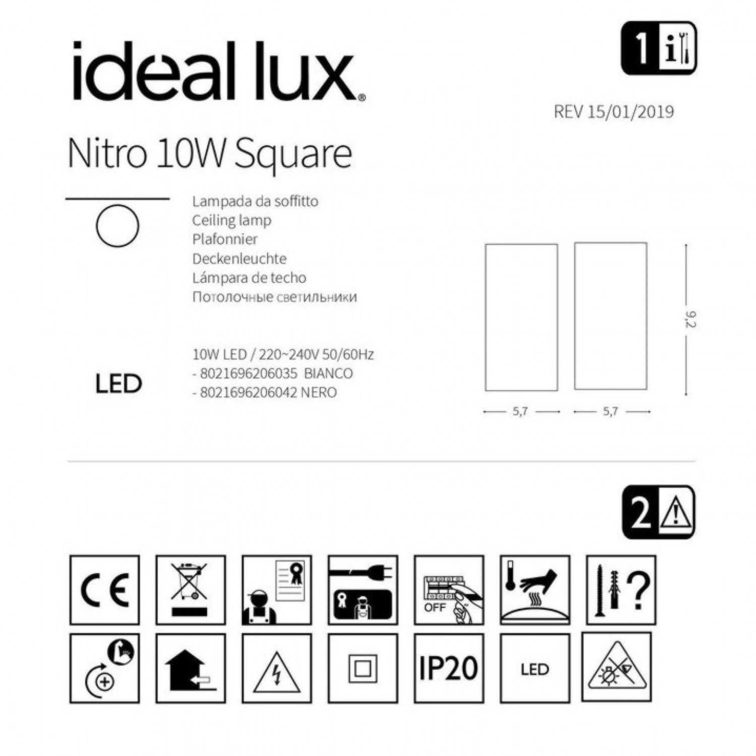 Точковий світильник Ideal Lux NITRO 10W SQUARE BIANCO 206035