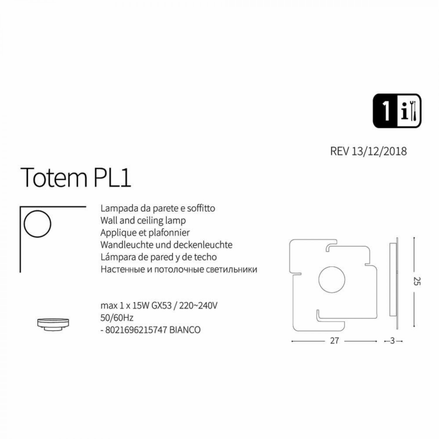 Точечный светильник Ideal Lux TOTEM PL1 215747