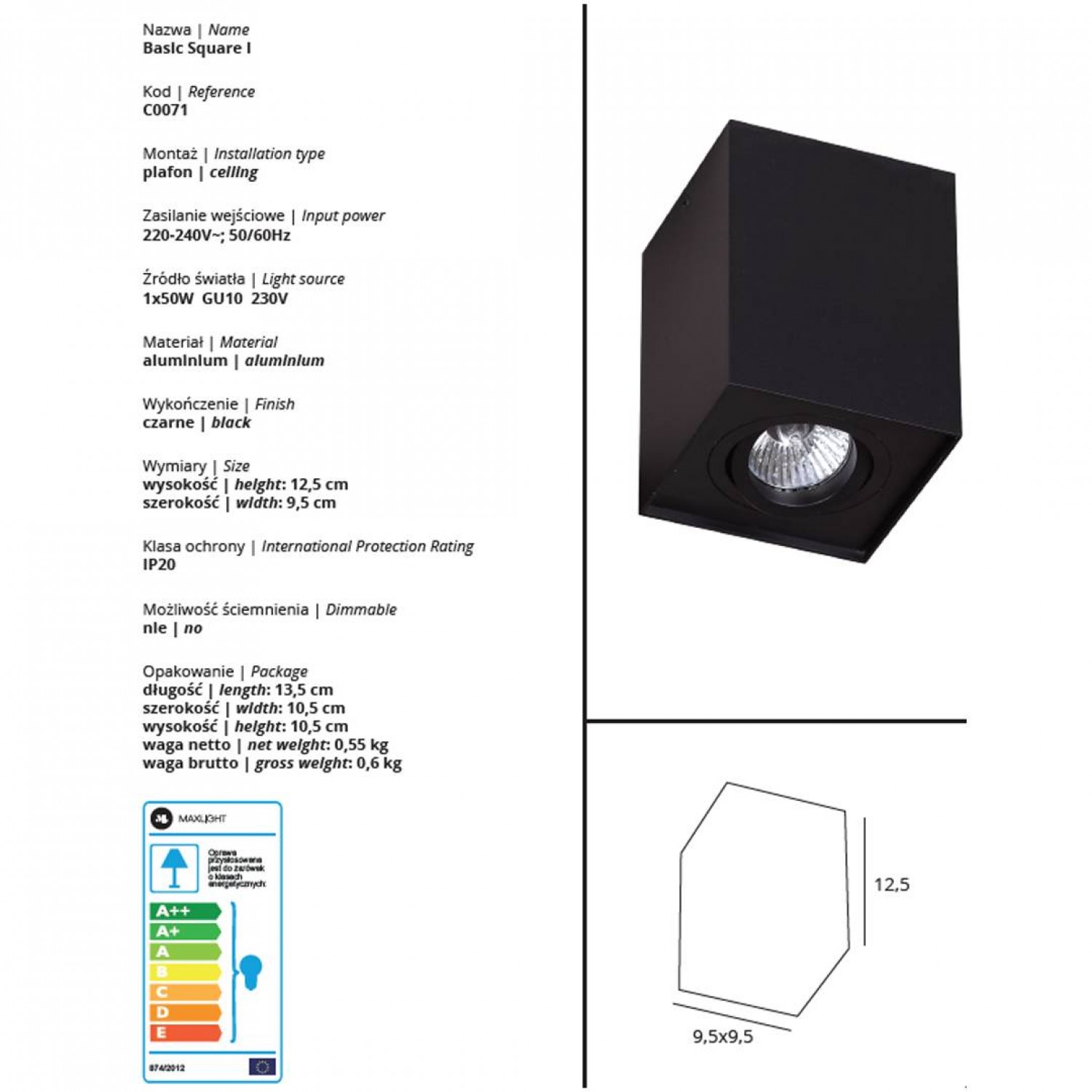 Накладной точечный светильник MaxLight BASIC SQUARE C0071
