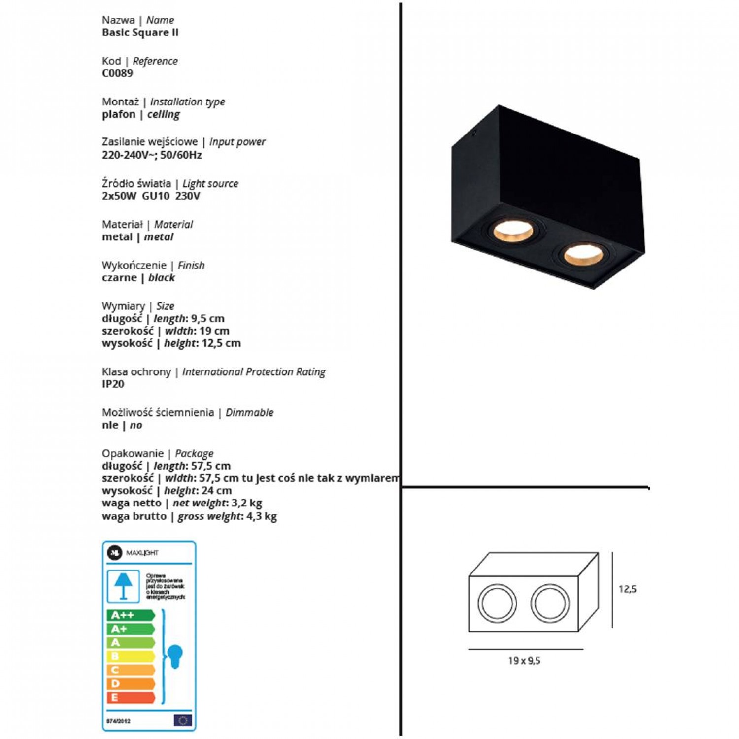 Накладний точковий світильник MAXLIGHT BASIC SQUARE C0089