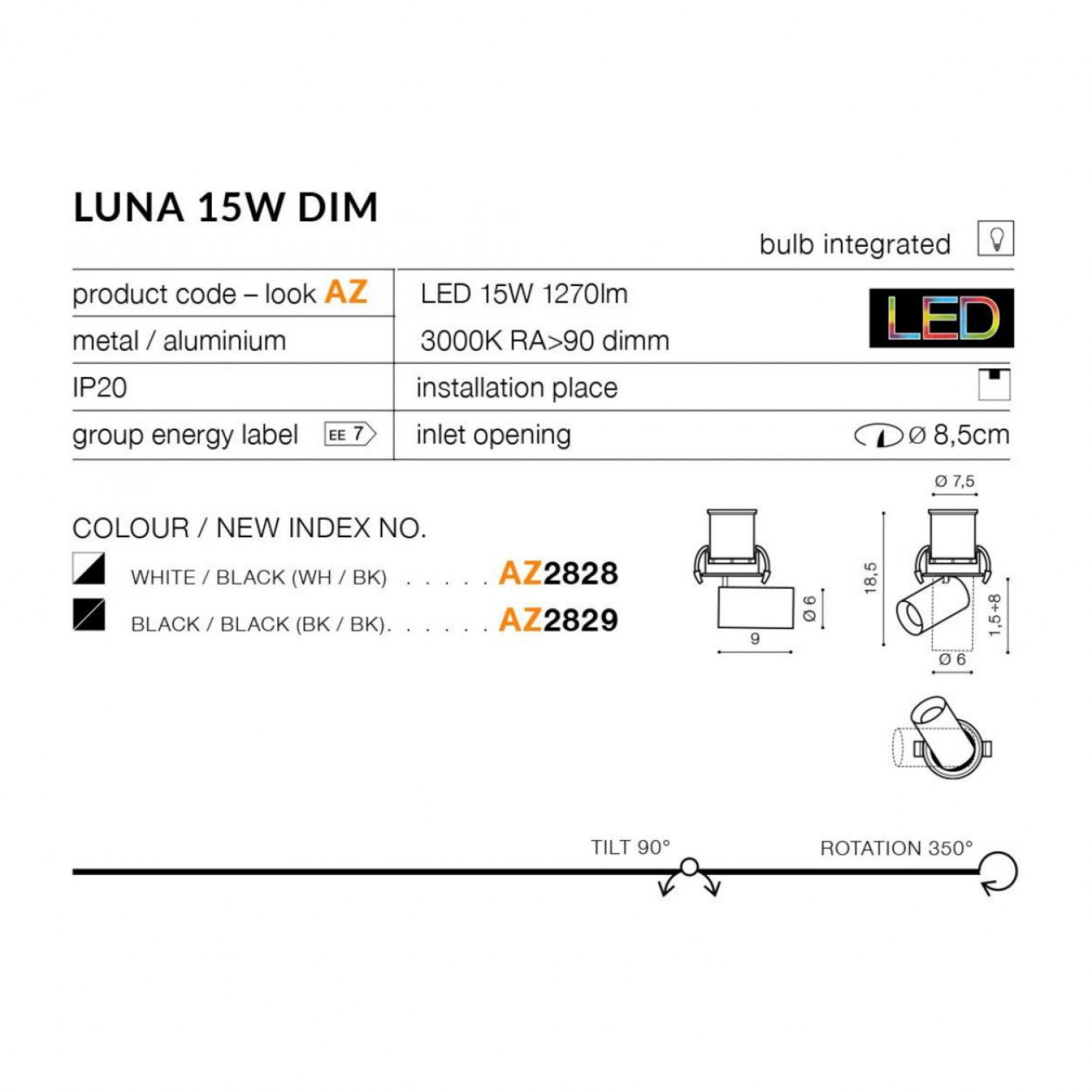 Точковий світильник AZzardo LUNA 15W DIMM BLACK AZ2829