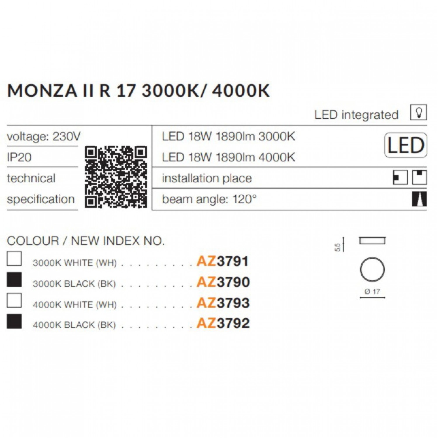 Точечный светильник AZzardo MONZA II R 17 3000K BK AZ3790