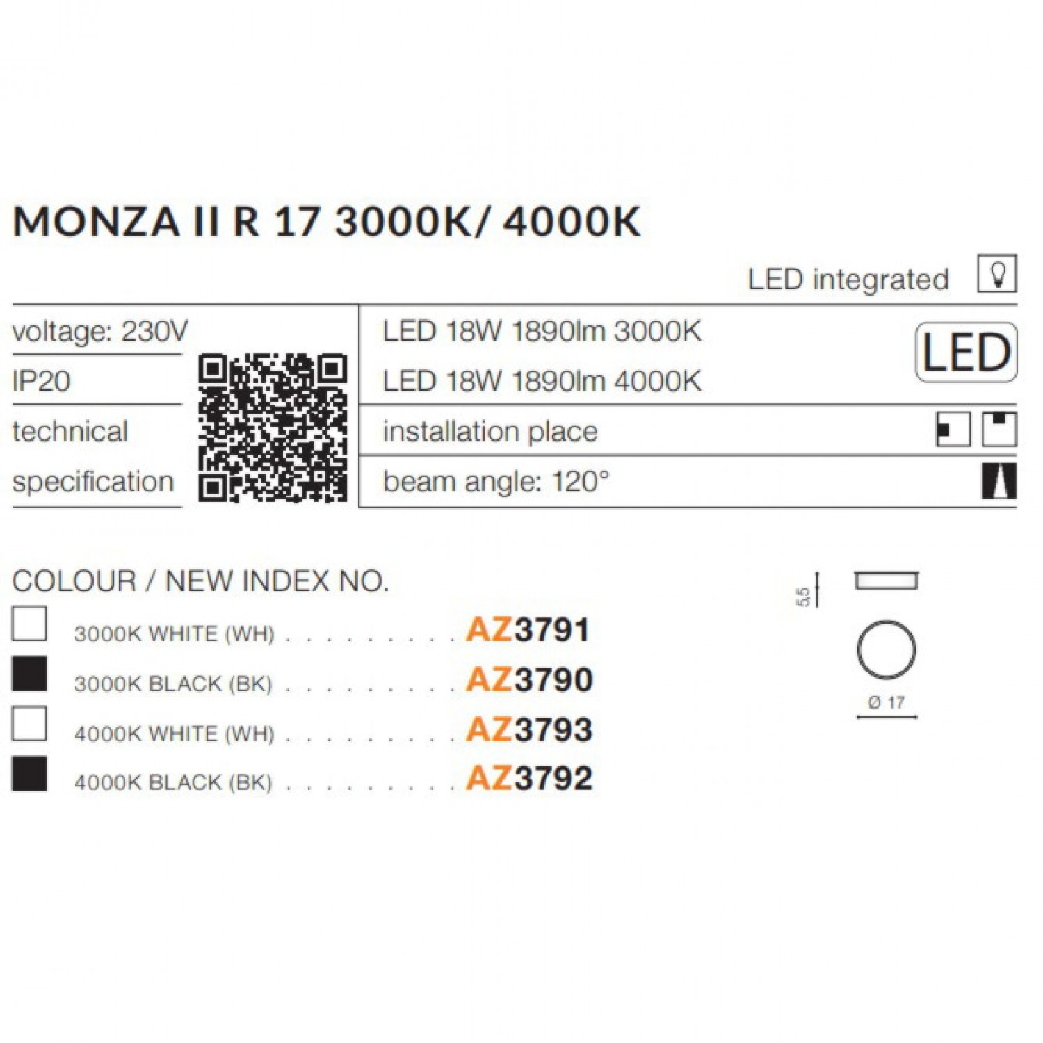 Точковий світильник AZzardo MONZA II R 17 3000K WH AZ3791