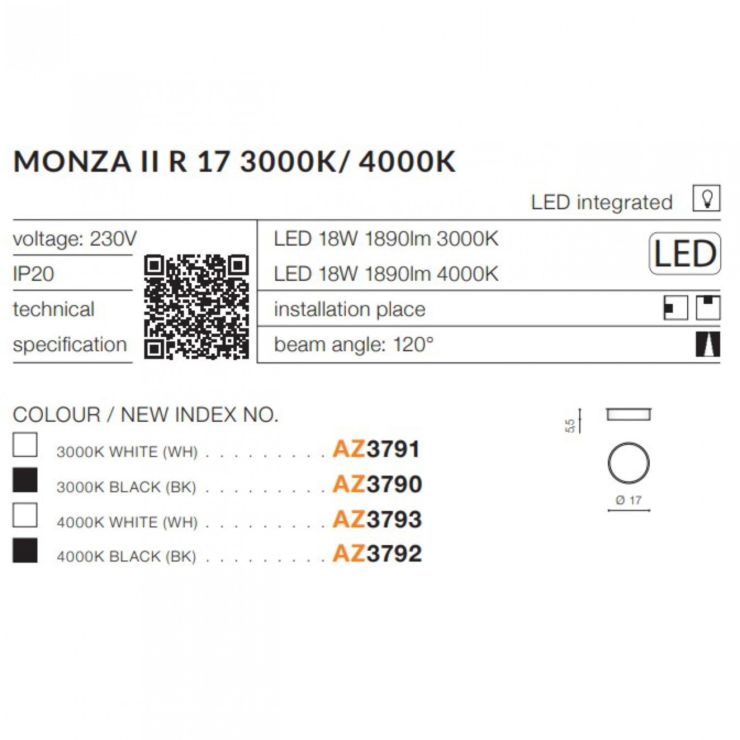 Точковий світильник AZzardo MONZA II R 17 4000K WH AZ3793