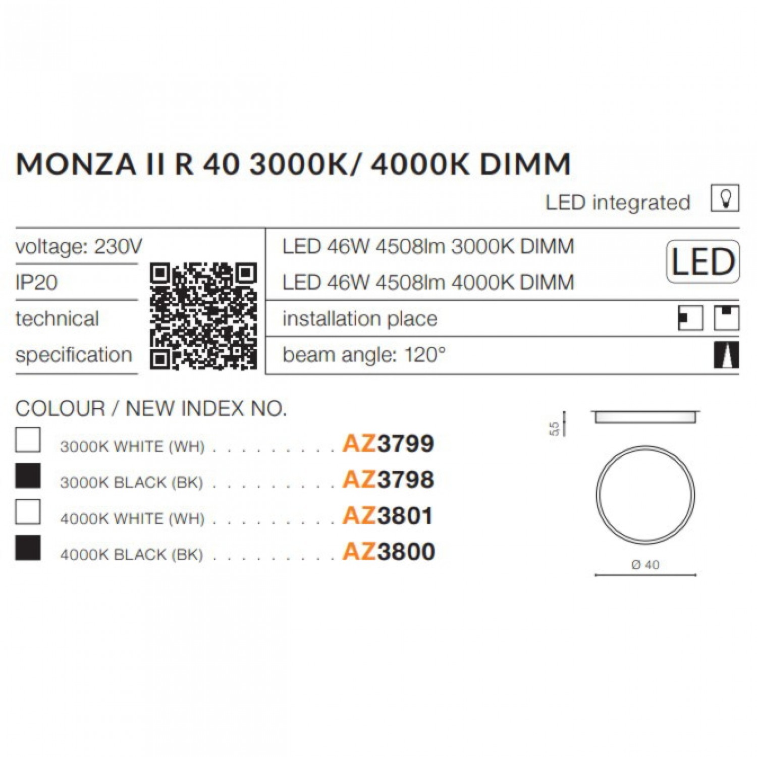 Точечный светильник AZzardo MONZA II R 40 3000K BK AZ3798