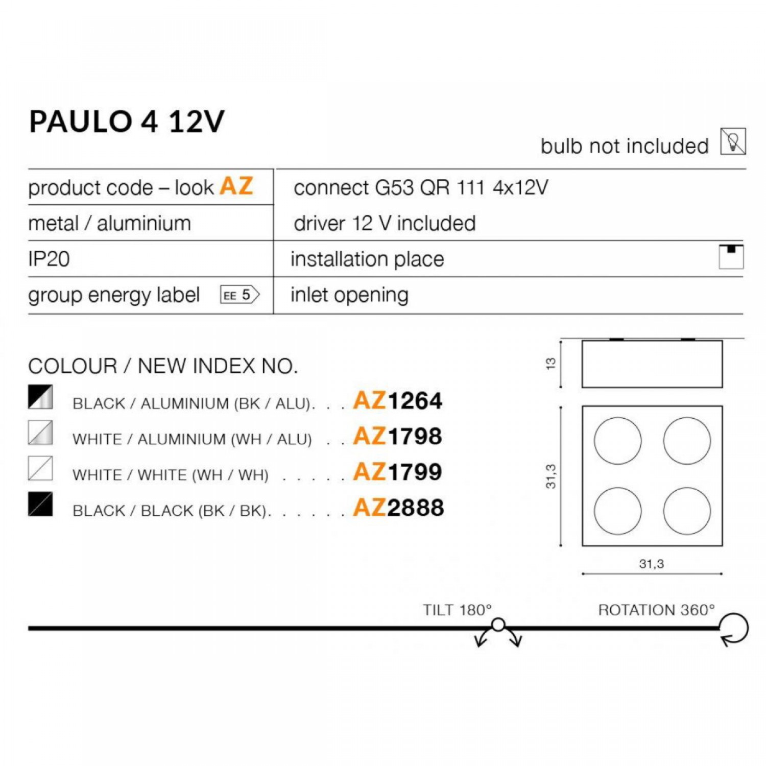 Точковий світильник AZzardo PAULO 4 12V BLACKALU AZ1264