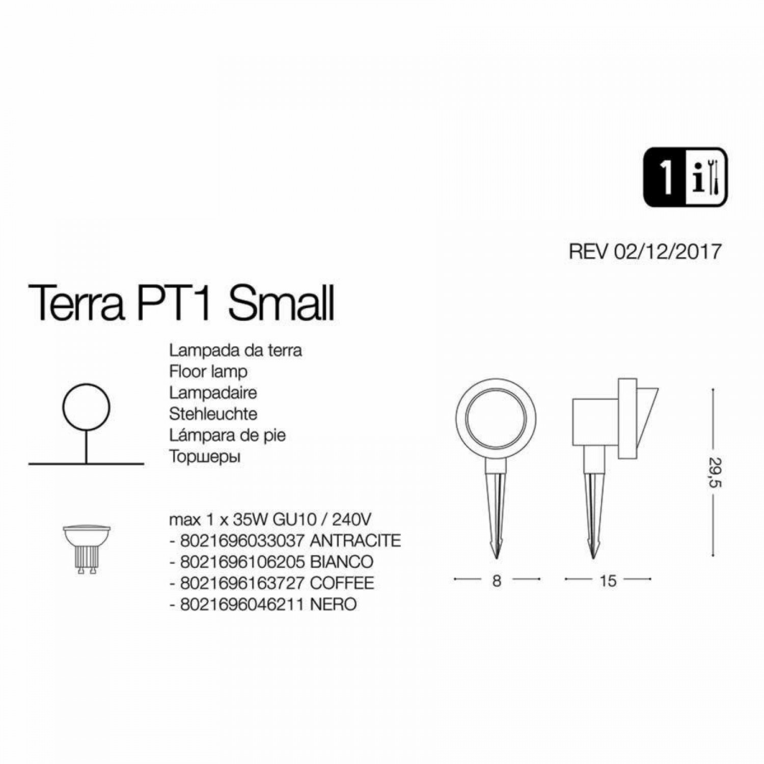Направленный светильник Ideal Lux TERRA PT1 SMALL ANTRACITE 033037