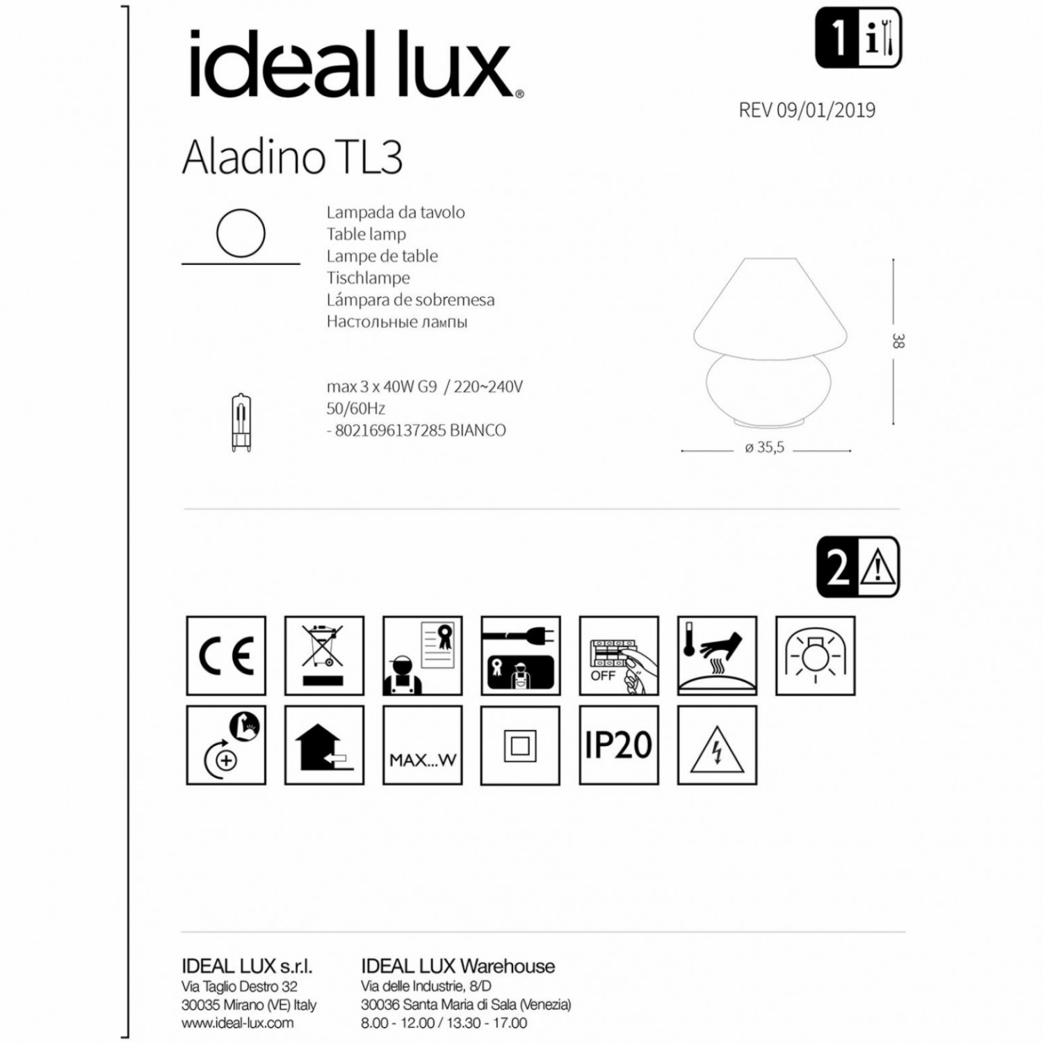 Настольная лампа Ideal Lux ALADINO TL3 D35 BIANCO 137285