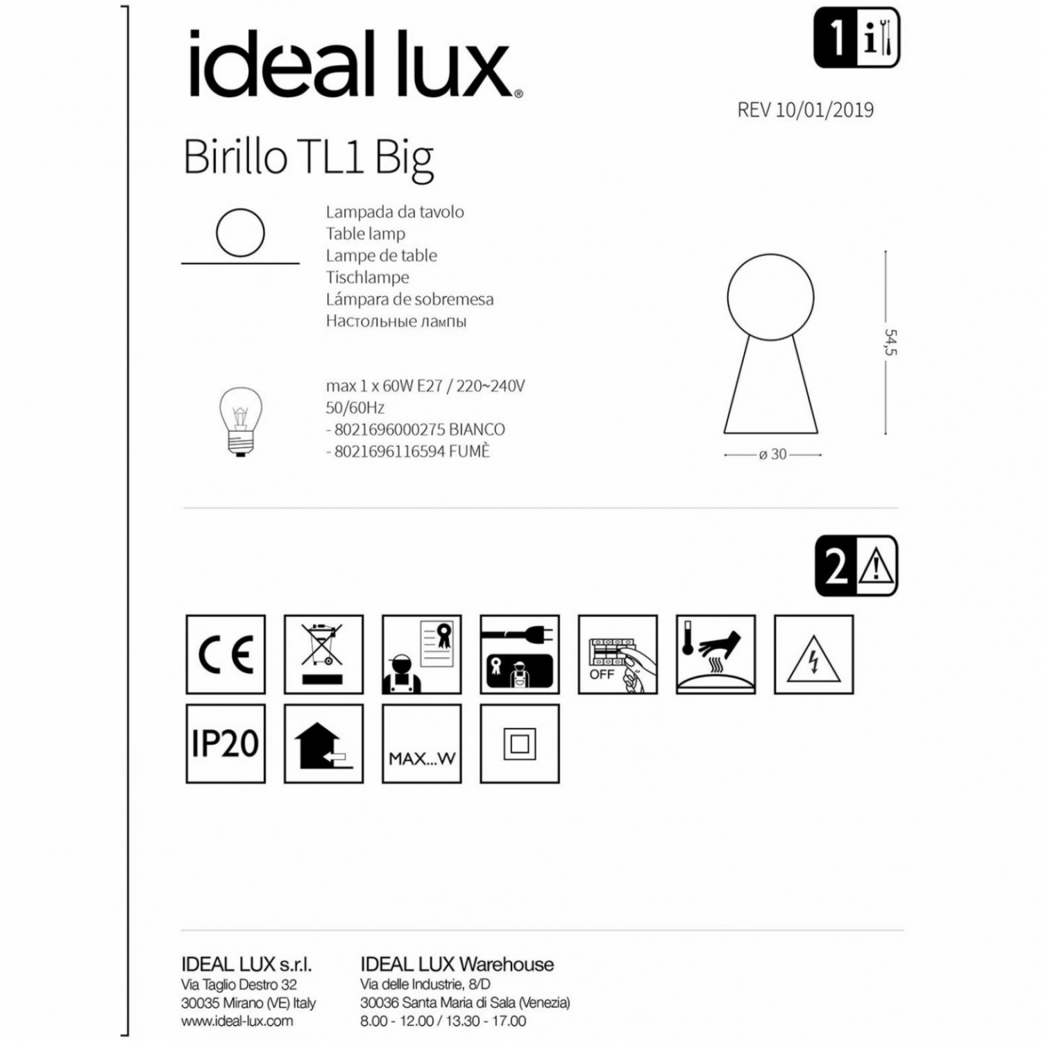 Настільна лампа Ideal Lux BIRILLO TL1 BIG BIANCO 000275