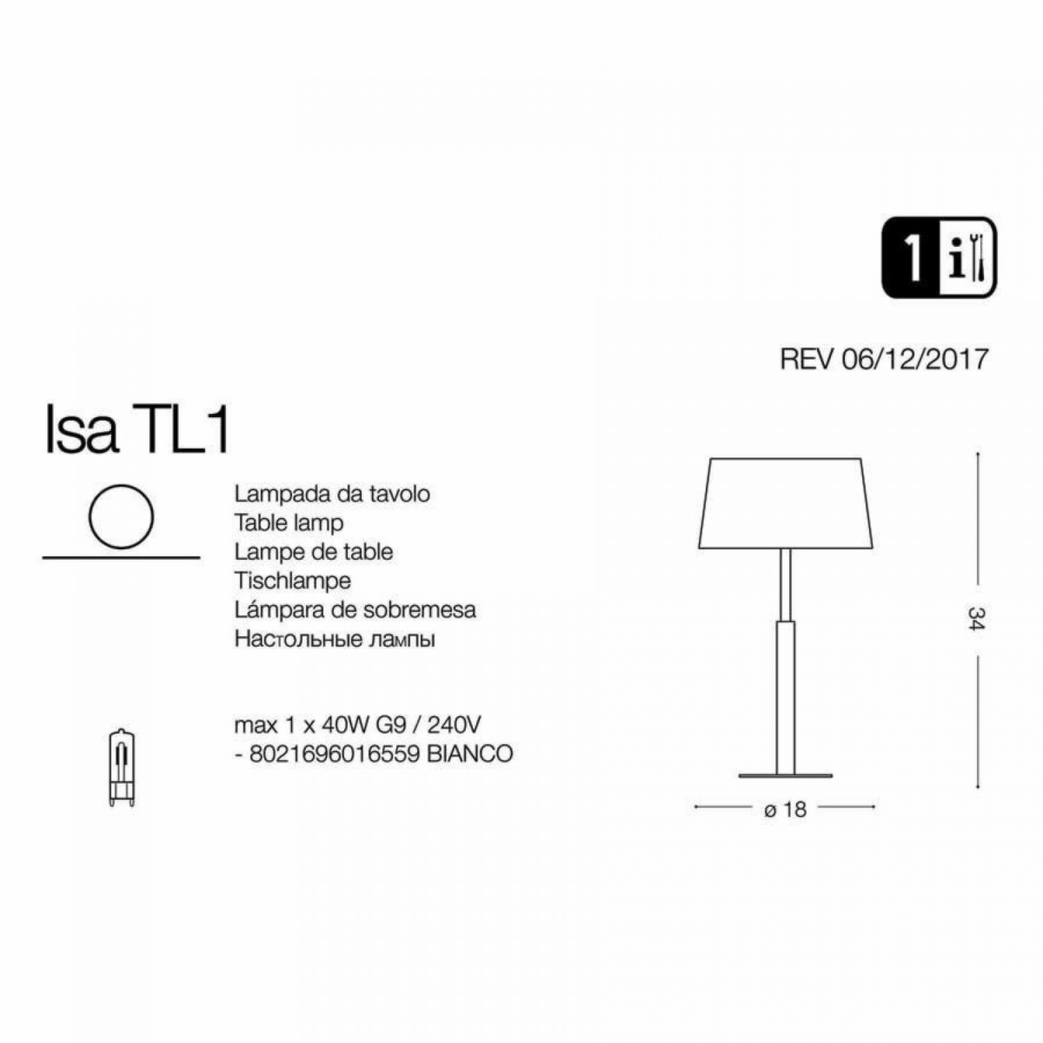Настольная лампа Ideal Lux ISA TL1 016559