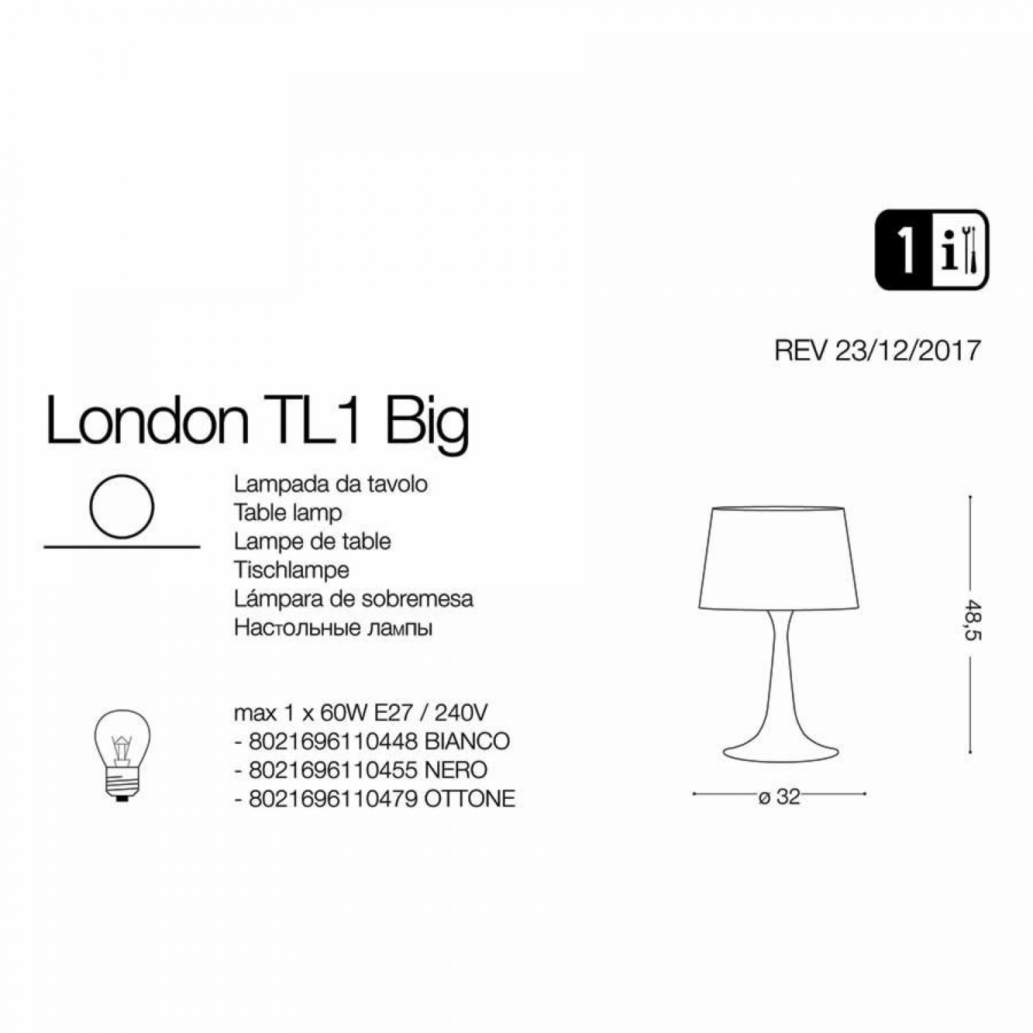 Настольная лампа Ideal Lux LONDON TL1 BIG NERO 110455