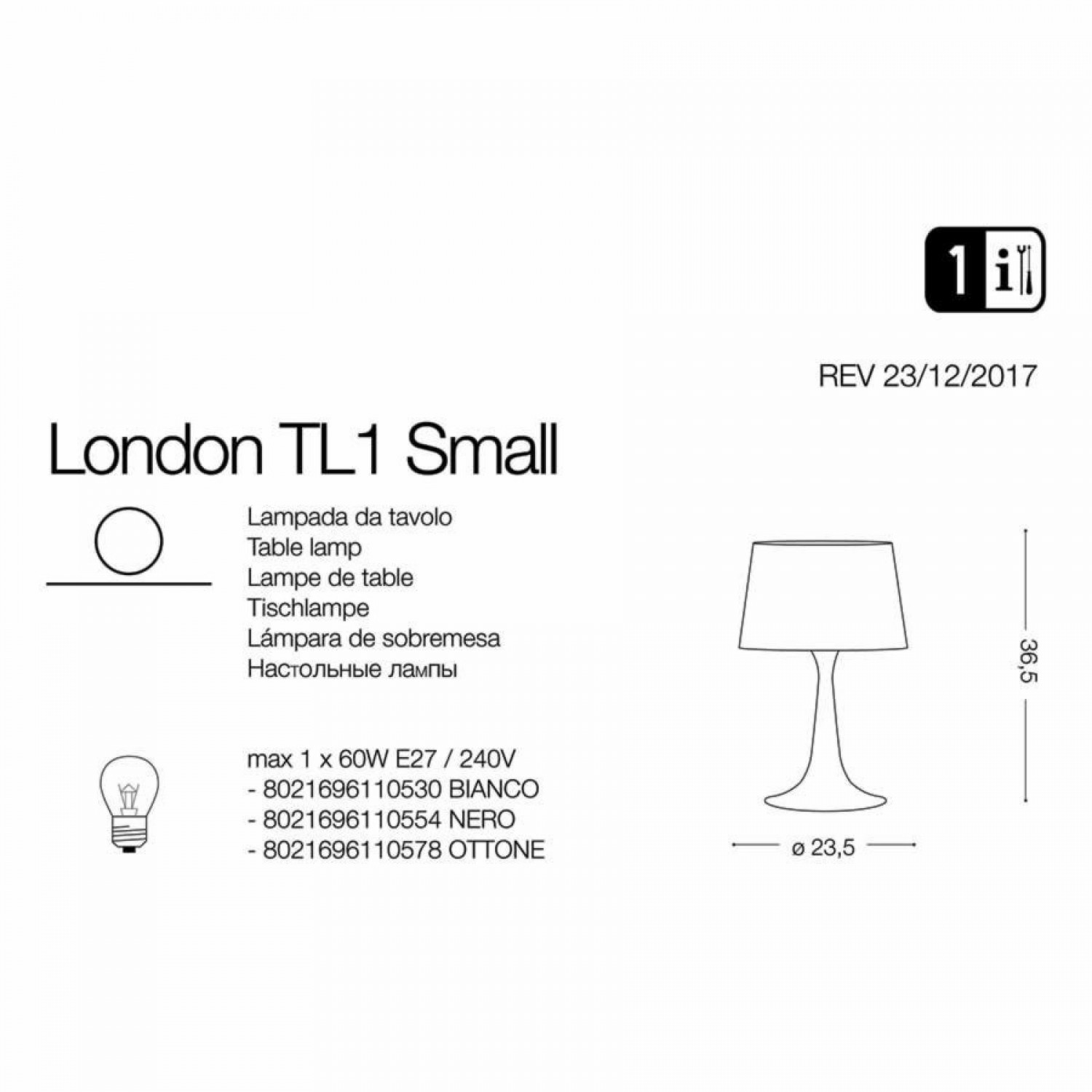 Настольная лампа Ideal Lux LONDON TL1 SMALL BIANCO 110530