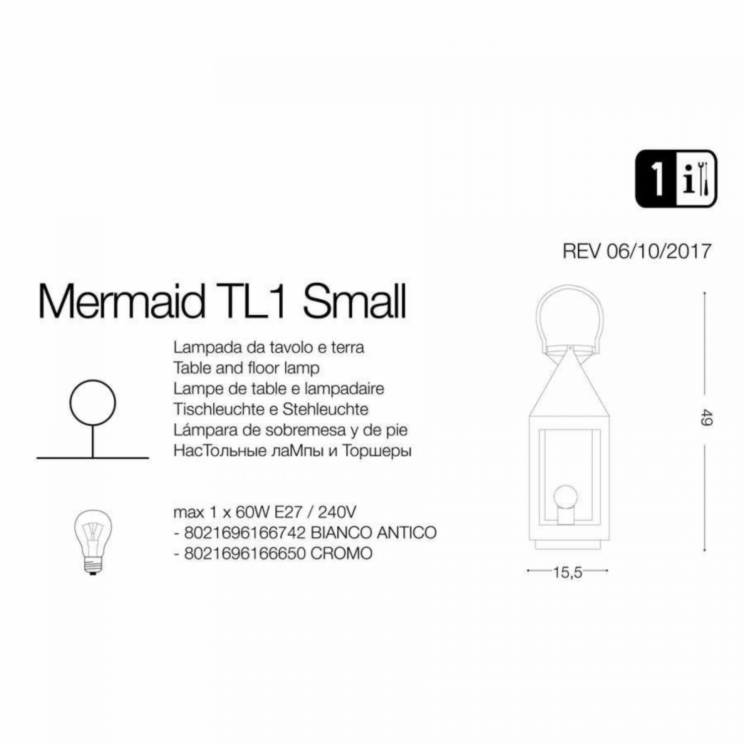 Настольная лампа Ideal Lux MERMAID TL1 SMALL CROMO 166650