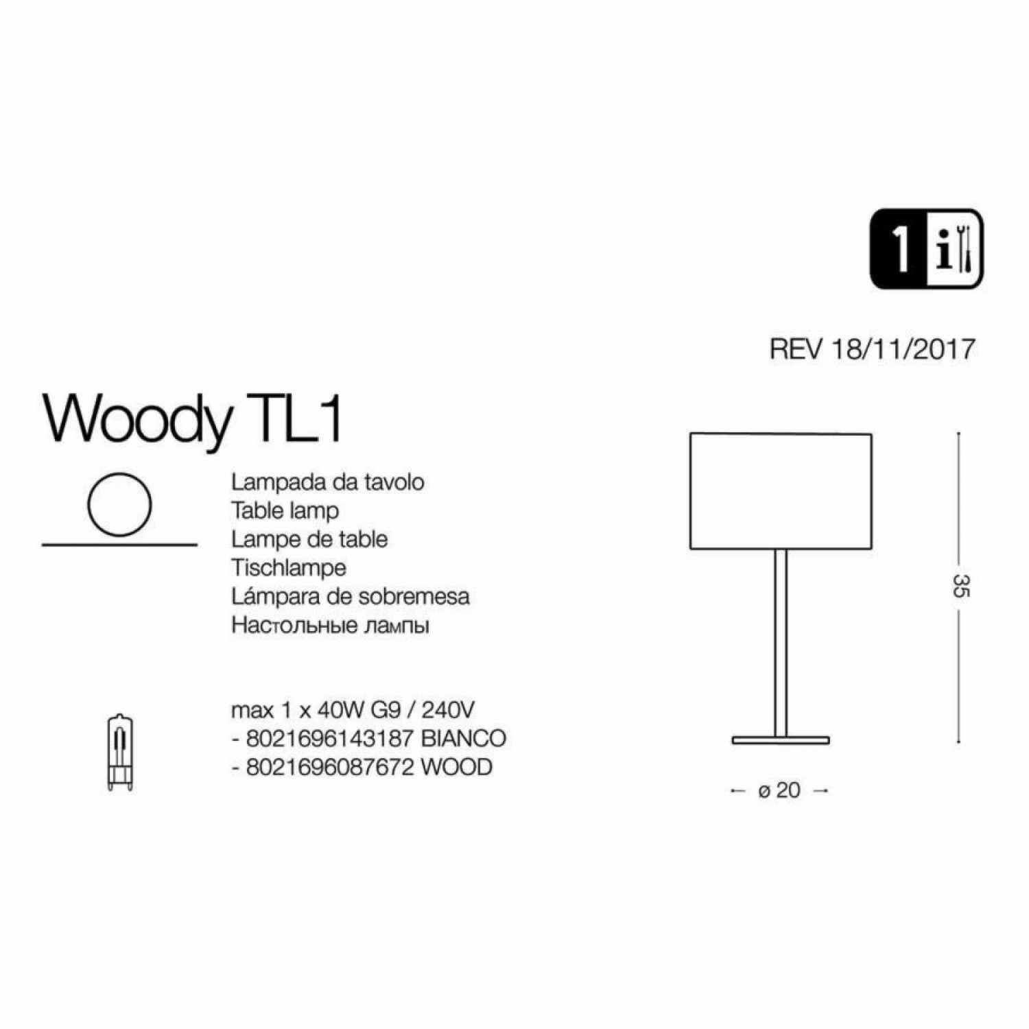 Настольная лампа Ideal Lux WOODY TL1 WOOD 087672