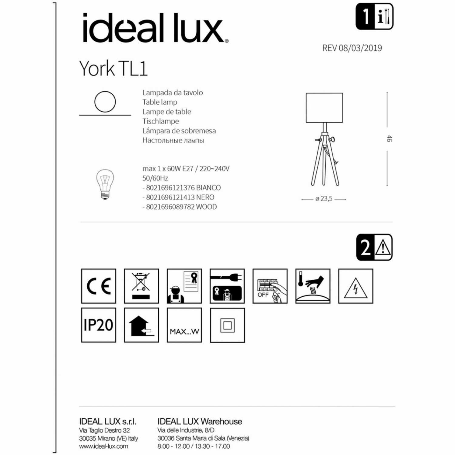 Настільна лампа Ideal Lux YORK TL1 BIANCO 121376
