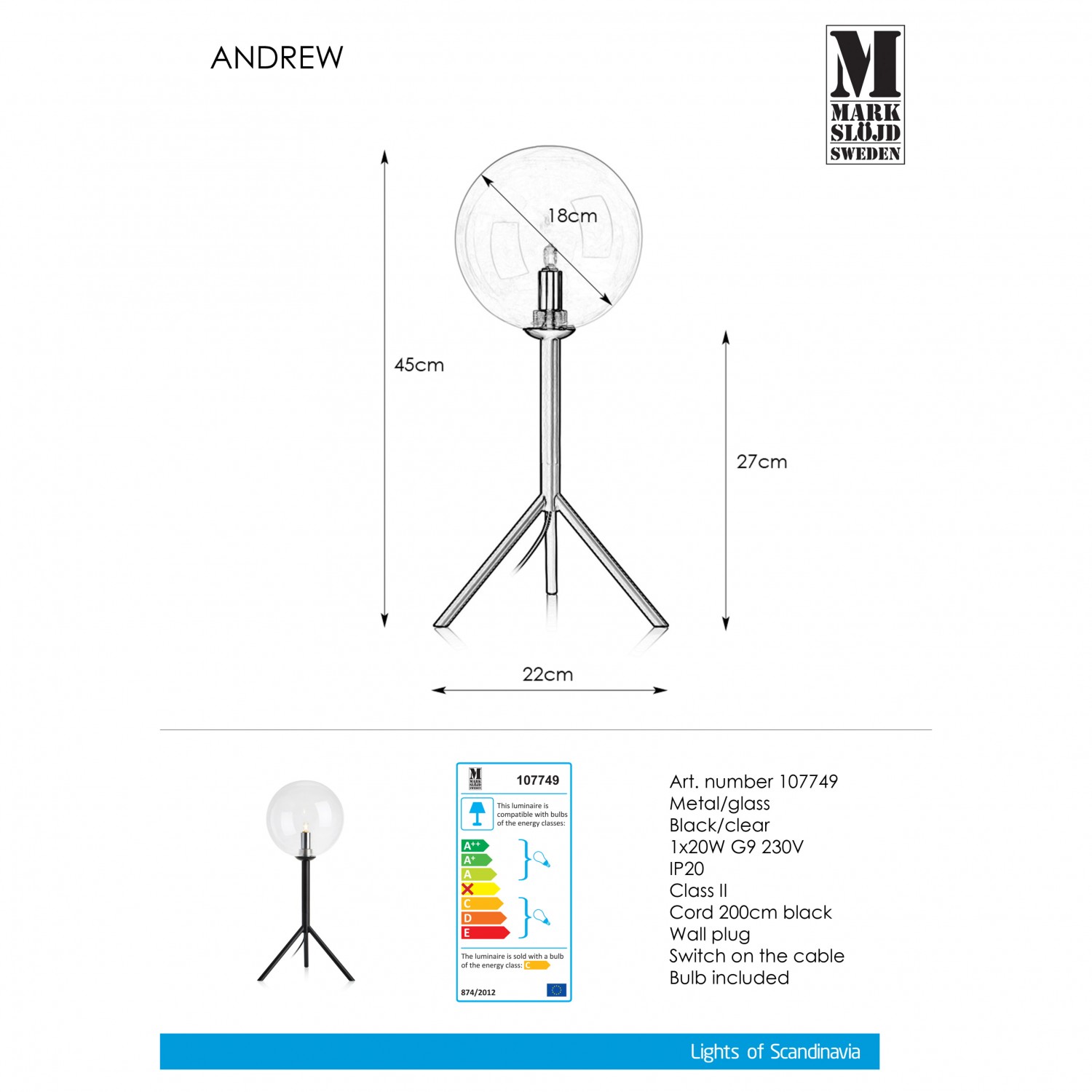 Настольная лампа MarkSlojd Sweden ANDREW Table 1L Black/Clear 107749