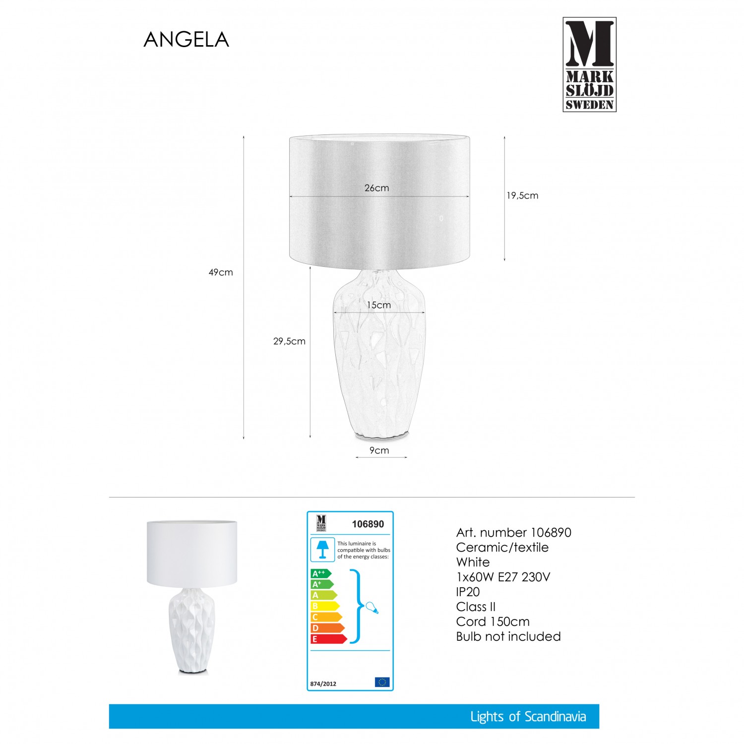Настольная лампа MarkSlojd Sweden ANGELA Table 1L White 106890