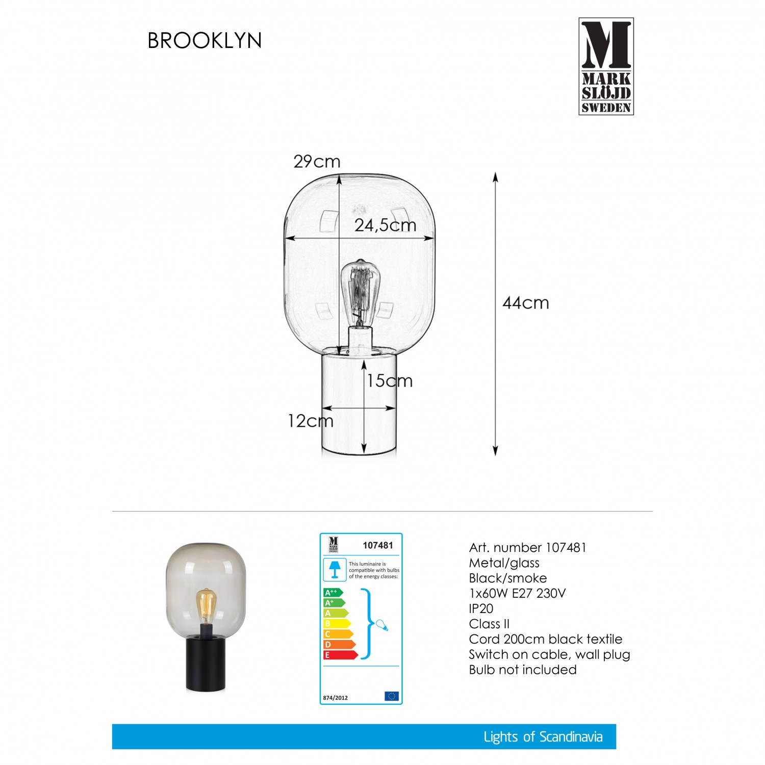 Настольная лампа MarkSlojd Sweden BROOKLYN Table 1L 44cm Black/Smoke 107481