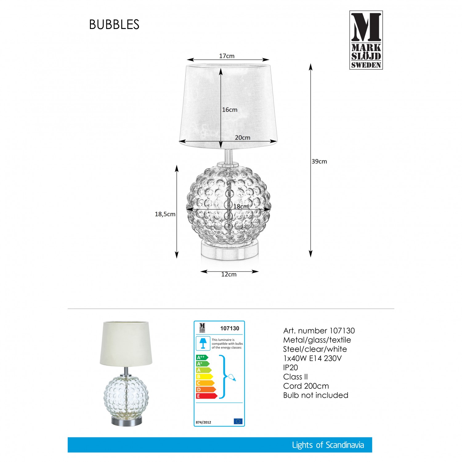 Настольная лампа MarkSlojd Sweden BUBBLES Table 1L Steel/Clear/White 107130