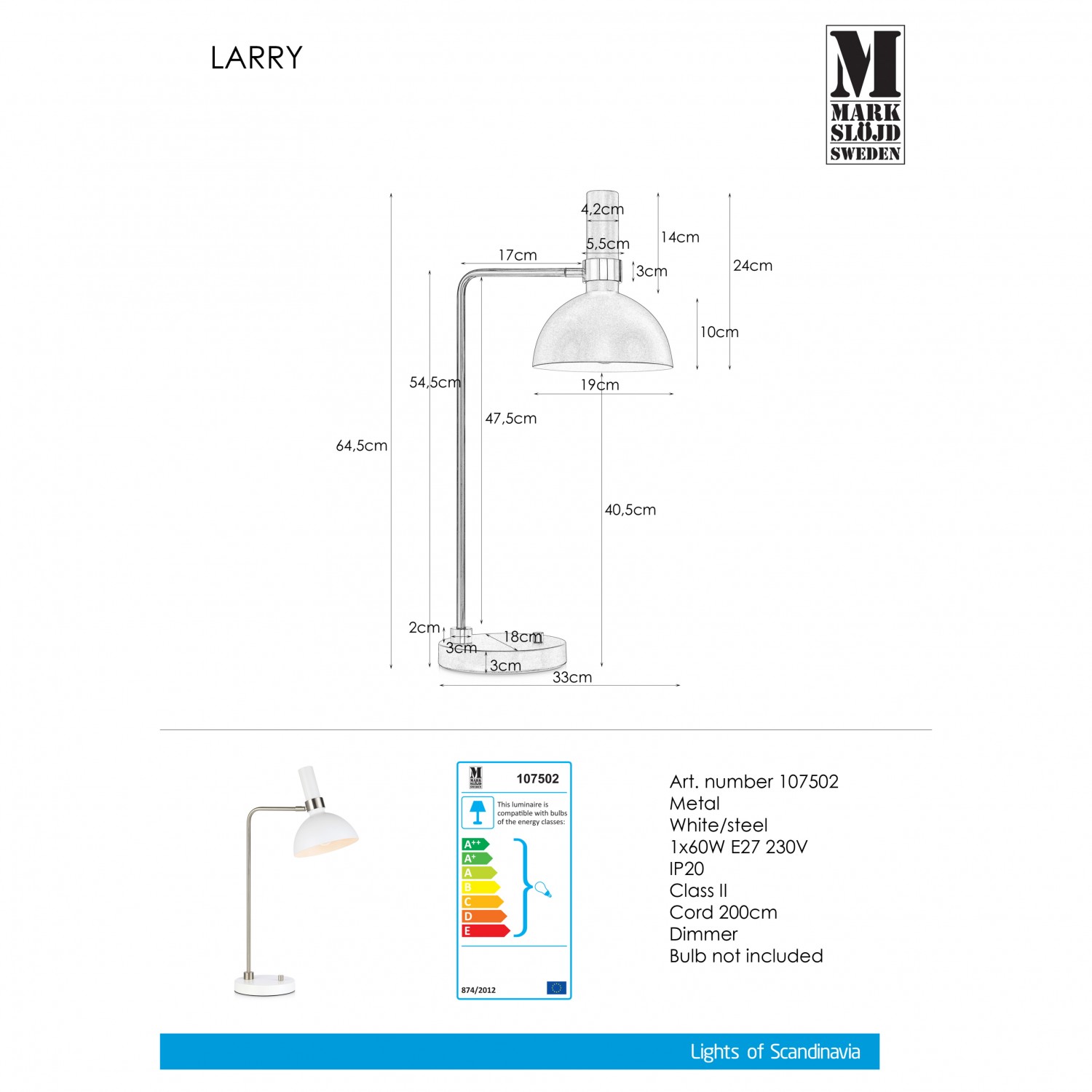 Настільна лампа MarkSlojd Sweden LARRY Table 1L White/Steel 107502