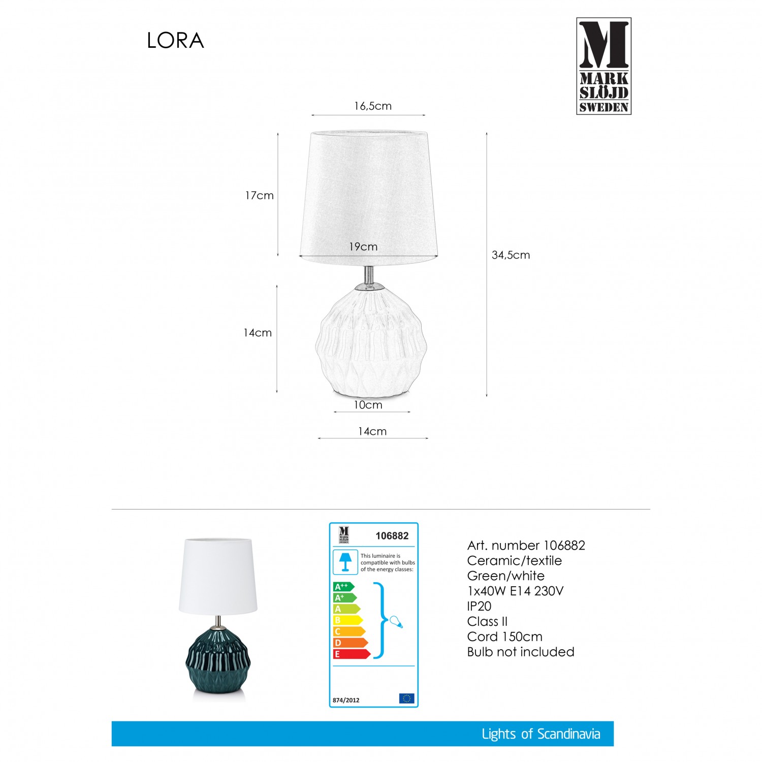 Настольная лампа MarkSlojd Sweden LORA Table 1L Green/White 106882
